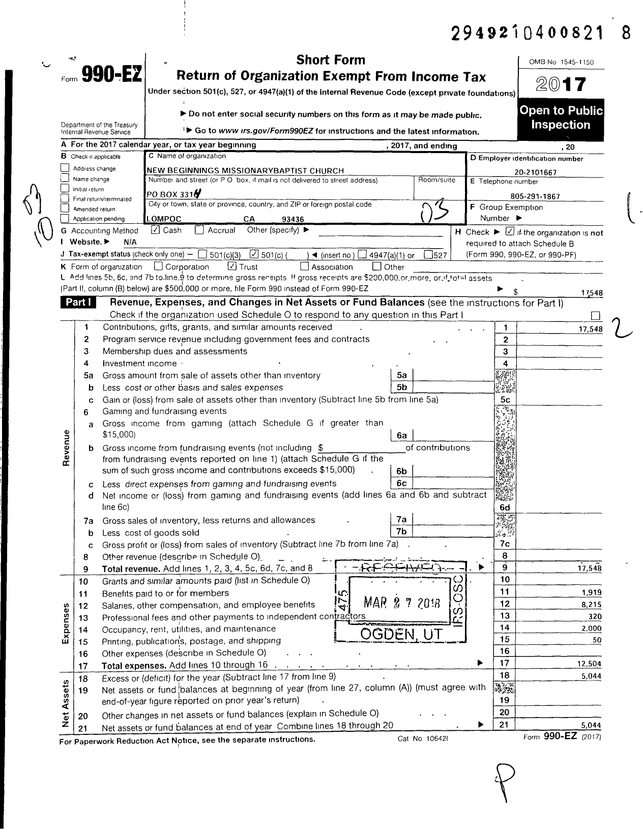 Image of first page of 2017 Form 990EZ for New Beginnings Missionary Baptist Church