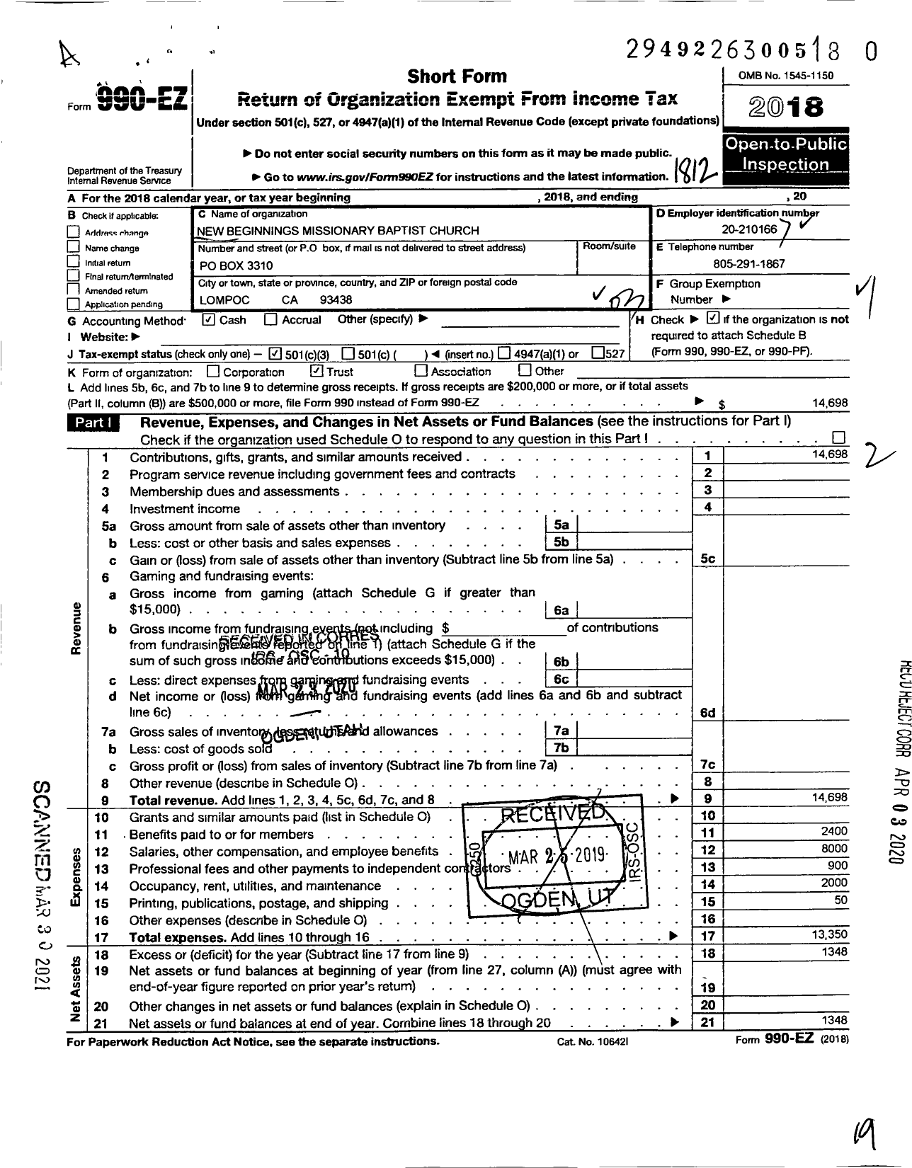 Image of first page of 2018 Form 990EZ for New Beginnings Missionary Baptist Church