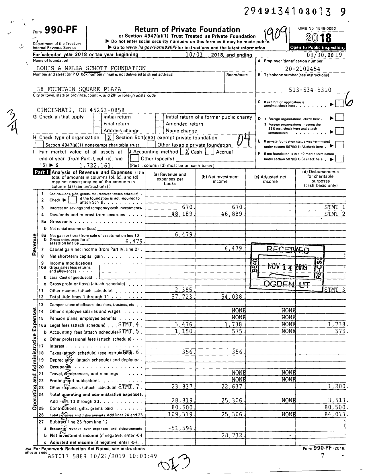 Image of first page of 2018 Form 990PF for Louis and Melba Schott Foundation