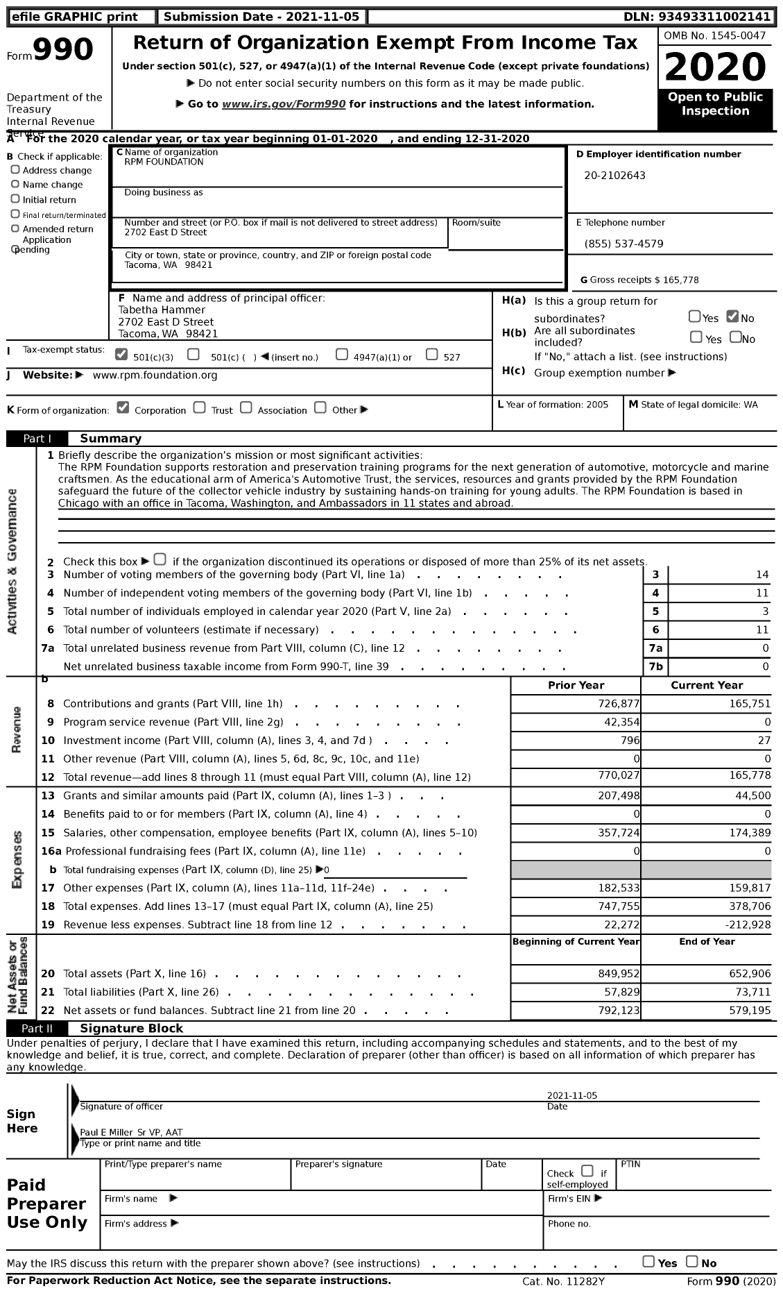Image of first page of 2020 Form 990 for RPM Foundation