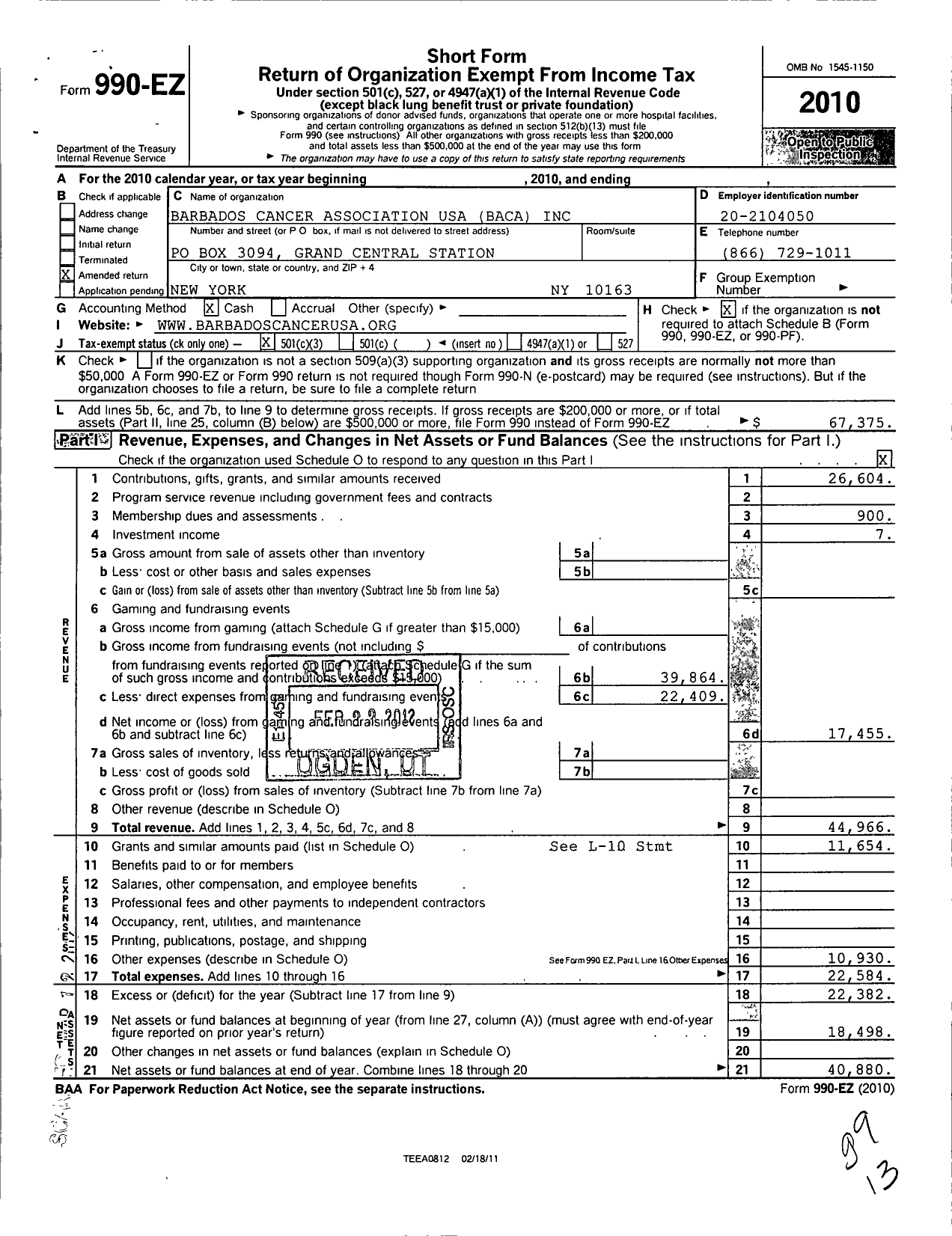 Image of first page of 2010 Form 990EZ for Barbados Cancer Association USA Inc-Baca