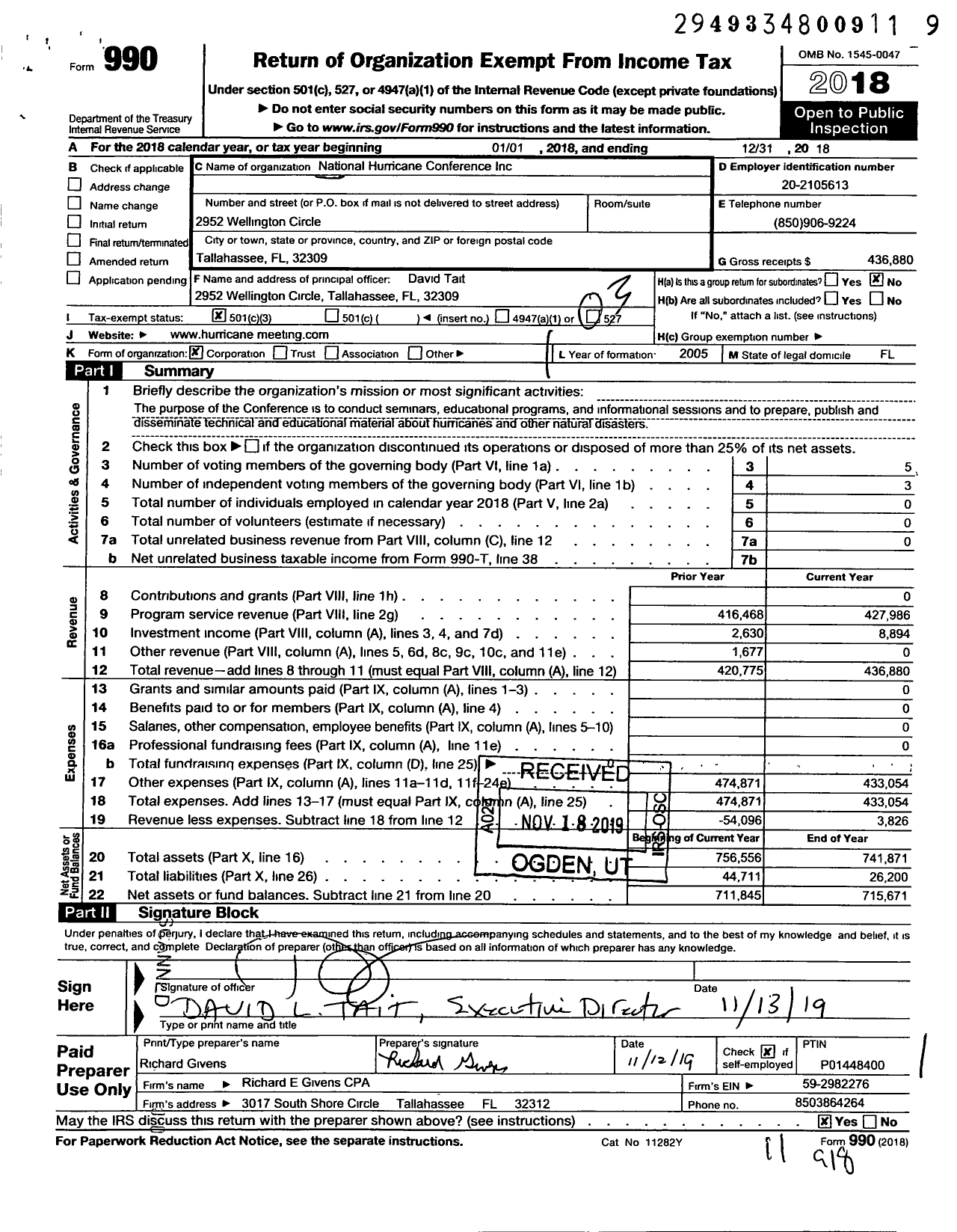 Image of first page of 2018 Form 990 for National Hurricane Conference