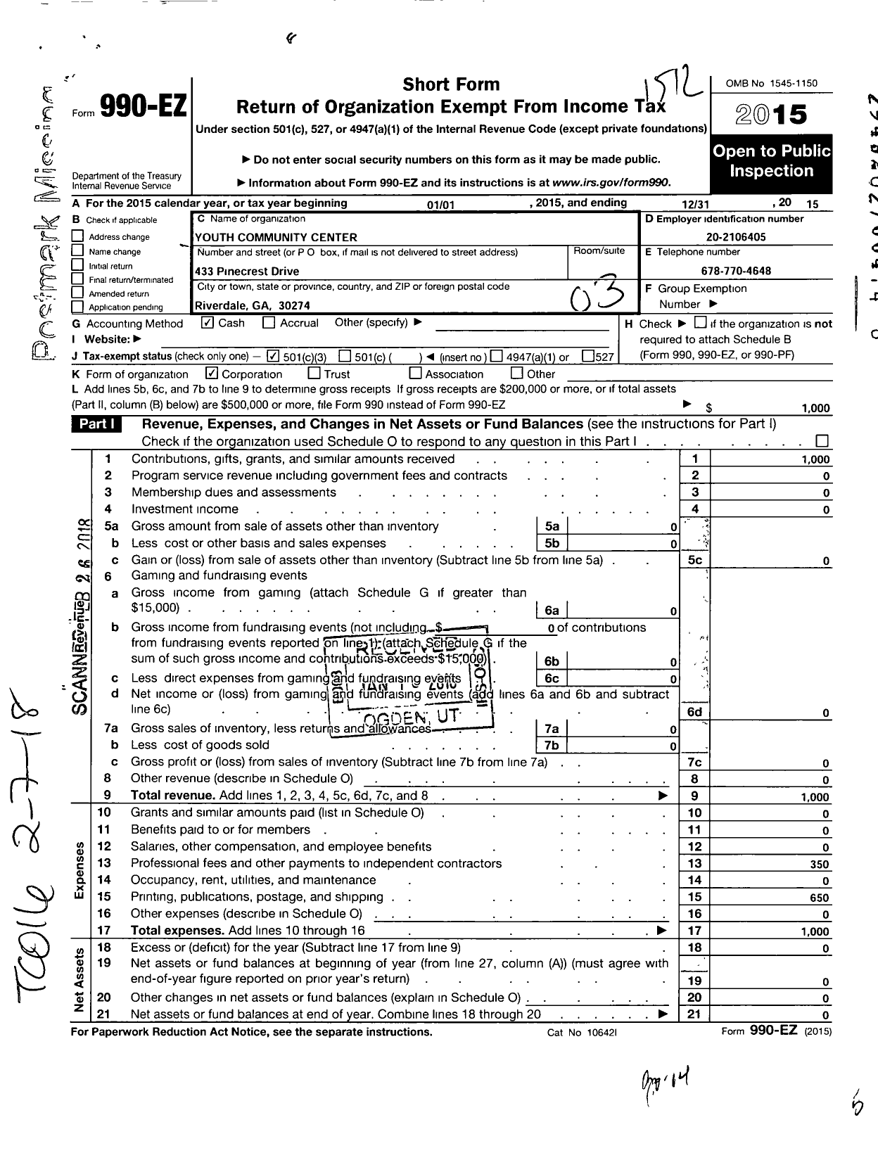 Image of first page of 2015 Form 990EZ for Youth Community Center