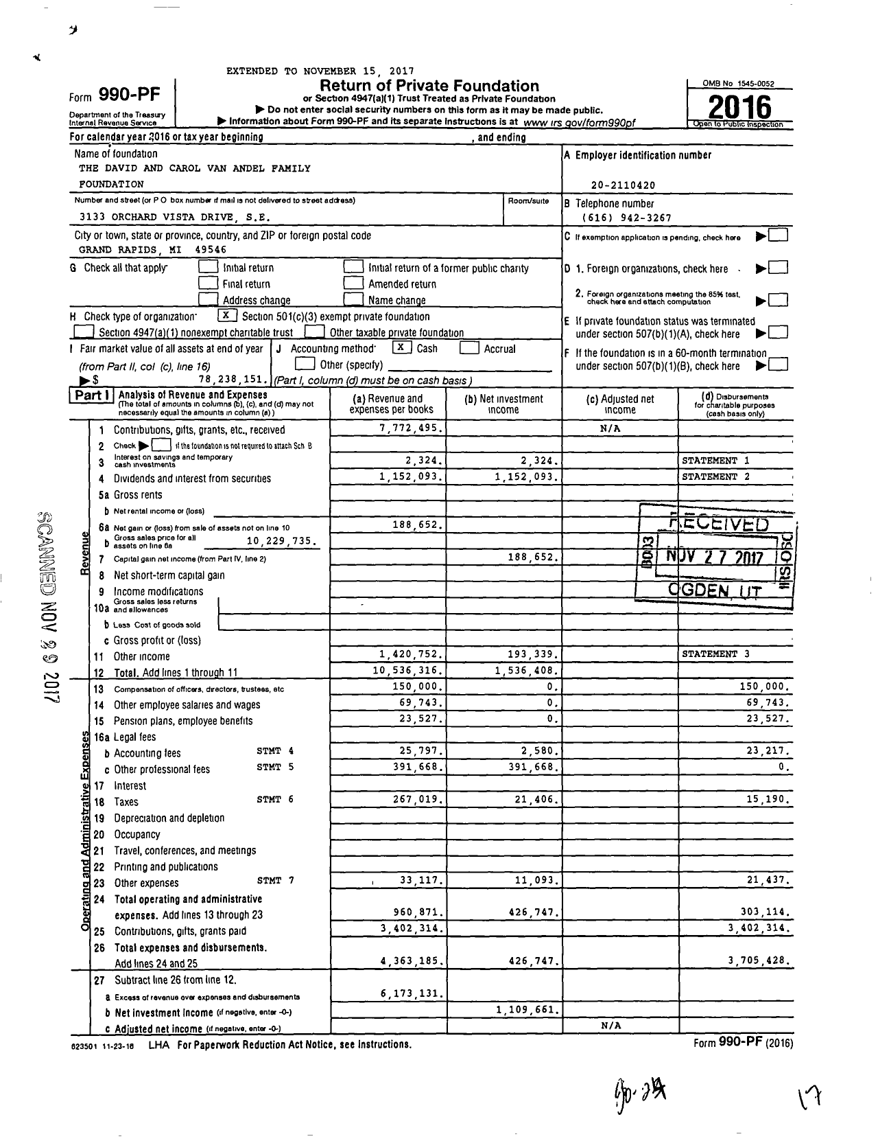 Image of first page of 2016 Form 990PF for The David and Carol Van Andel Family Foundation