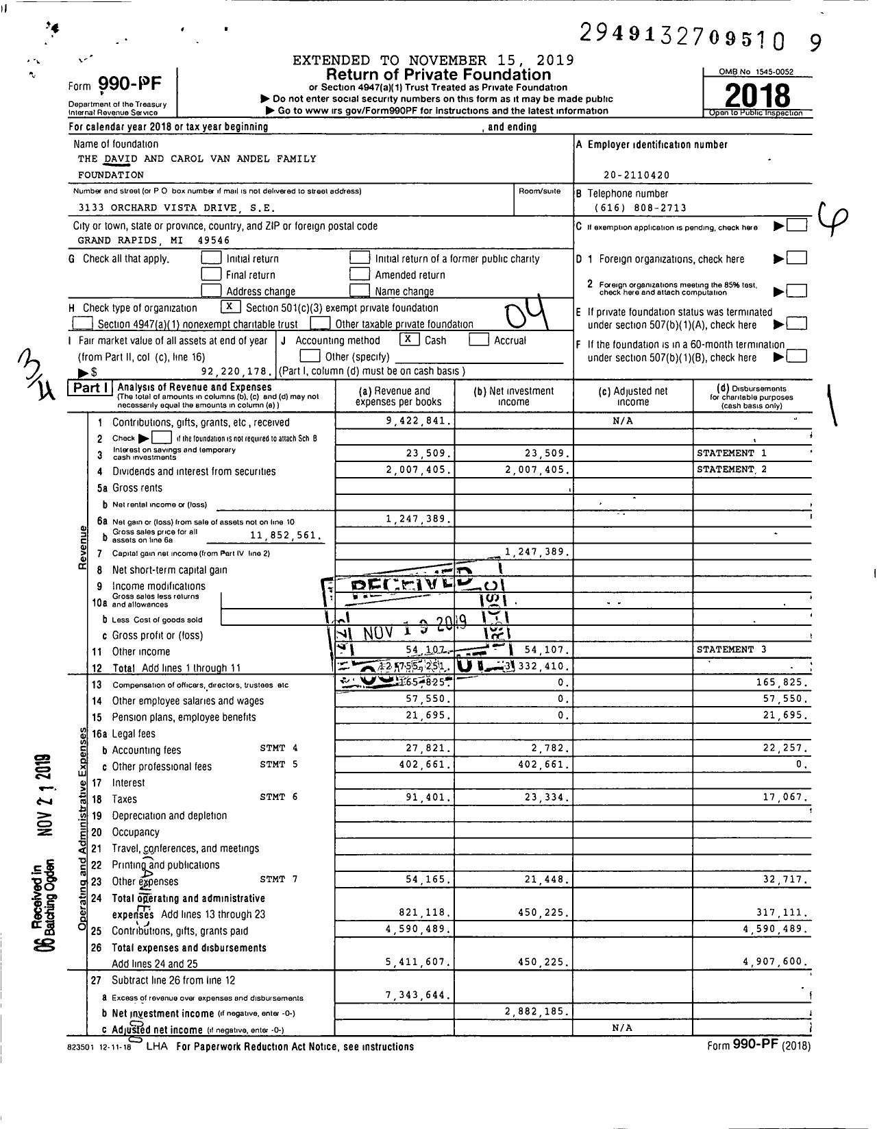 Image of first page of 2018 Form 990PF for The David and Carol Van Andel Family Foundation