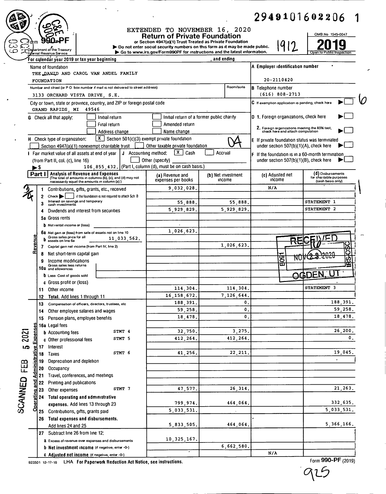 Image of first page of 2019 Form 990PF for The David and Carol Van Andel Family Foundation