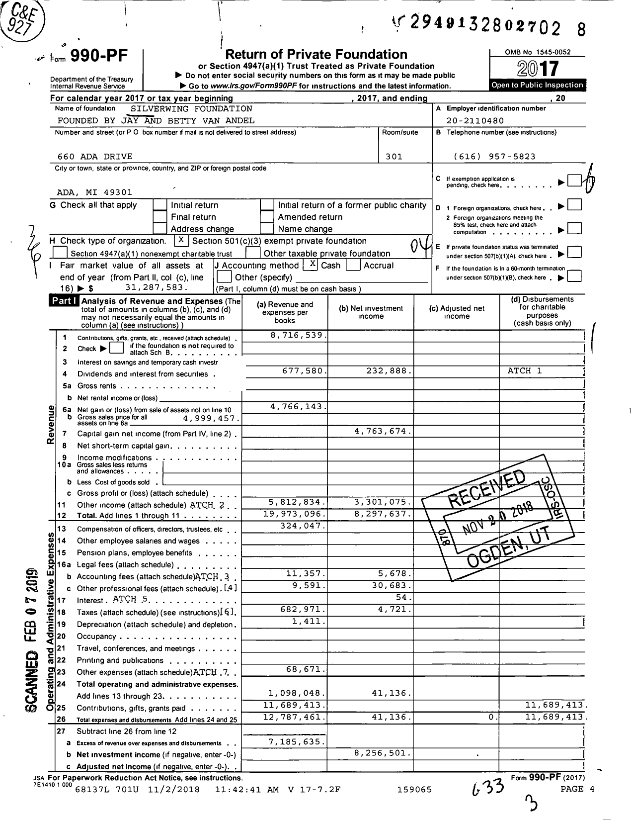 Image of first page of 2017 Form 990PF for Silverwing Foundation