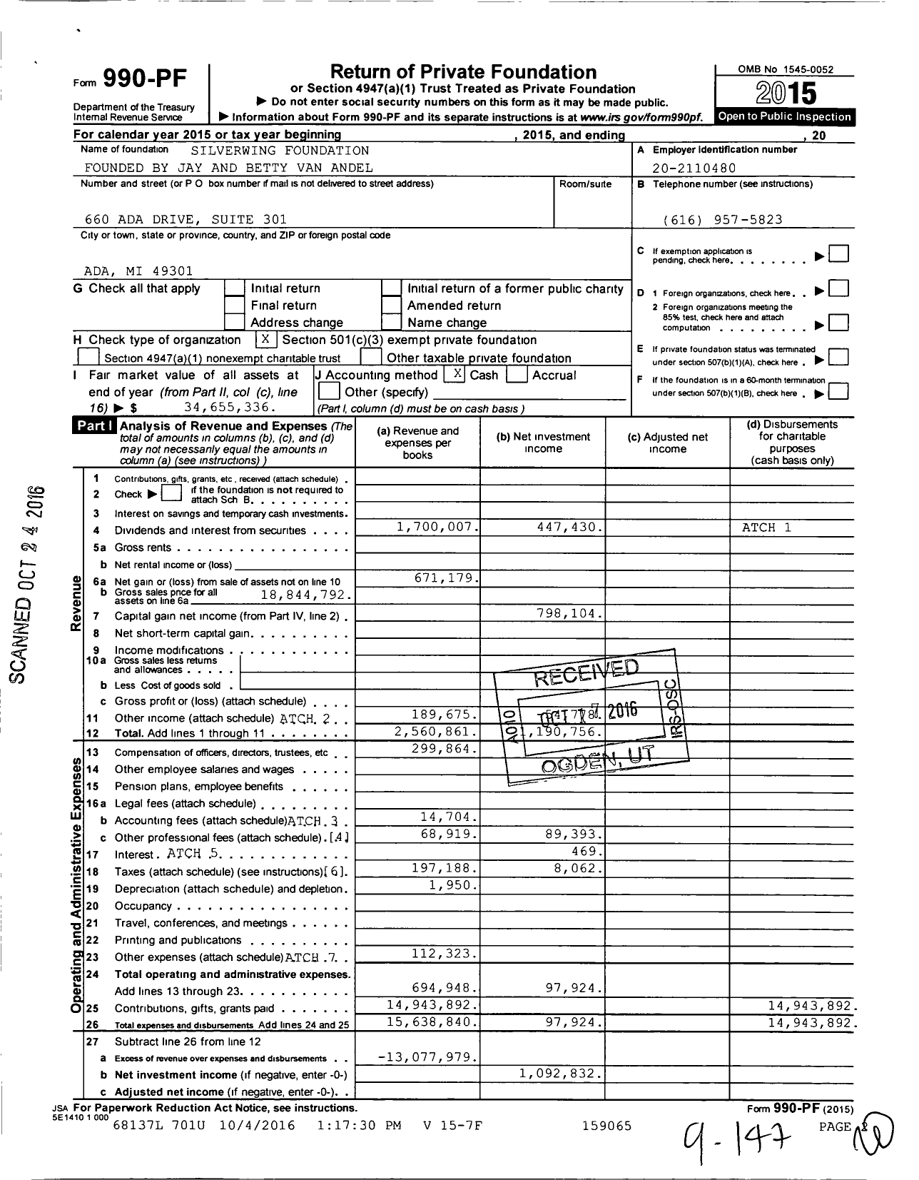Image of first page of 2015 Form 990PF for Silverwing Foundation