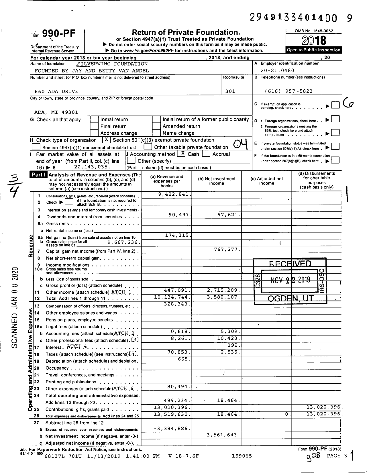 Image of first page of 2018 Form 990PF for Silverwing Foundation