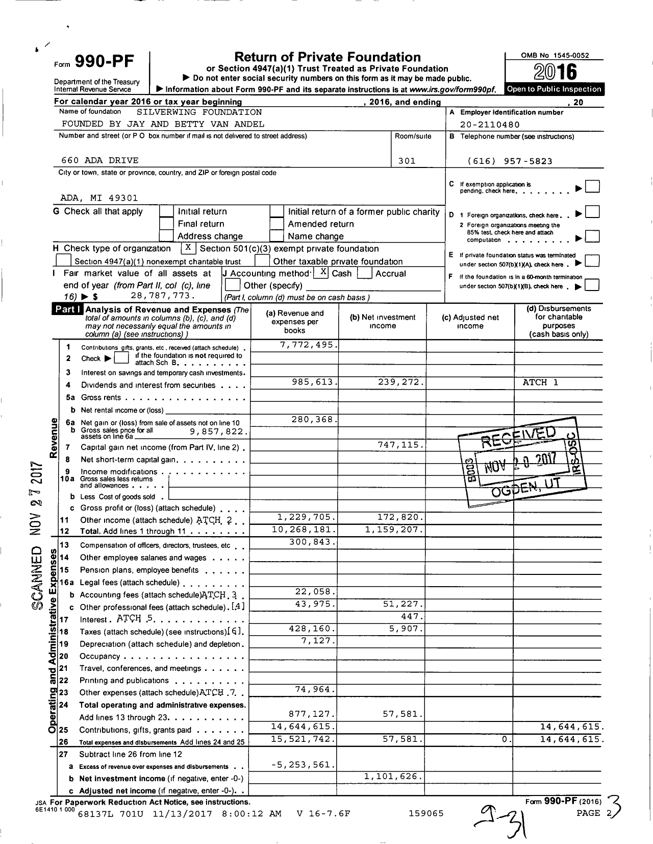 Image of first page of 2016 Form 990PF for Silverwing Foundation