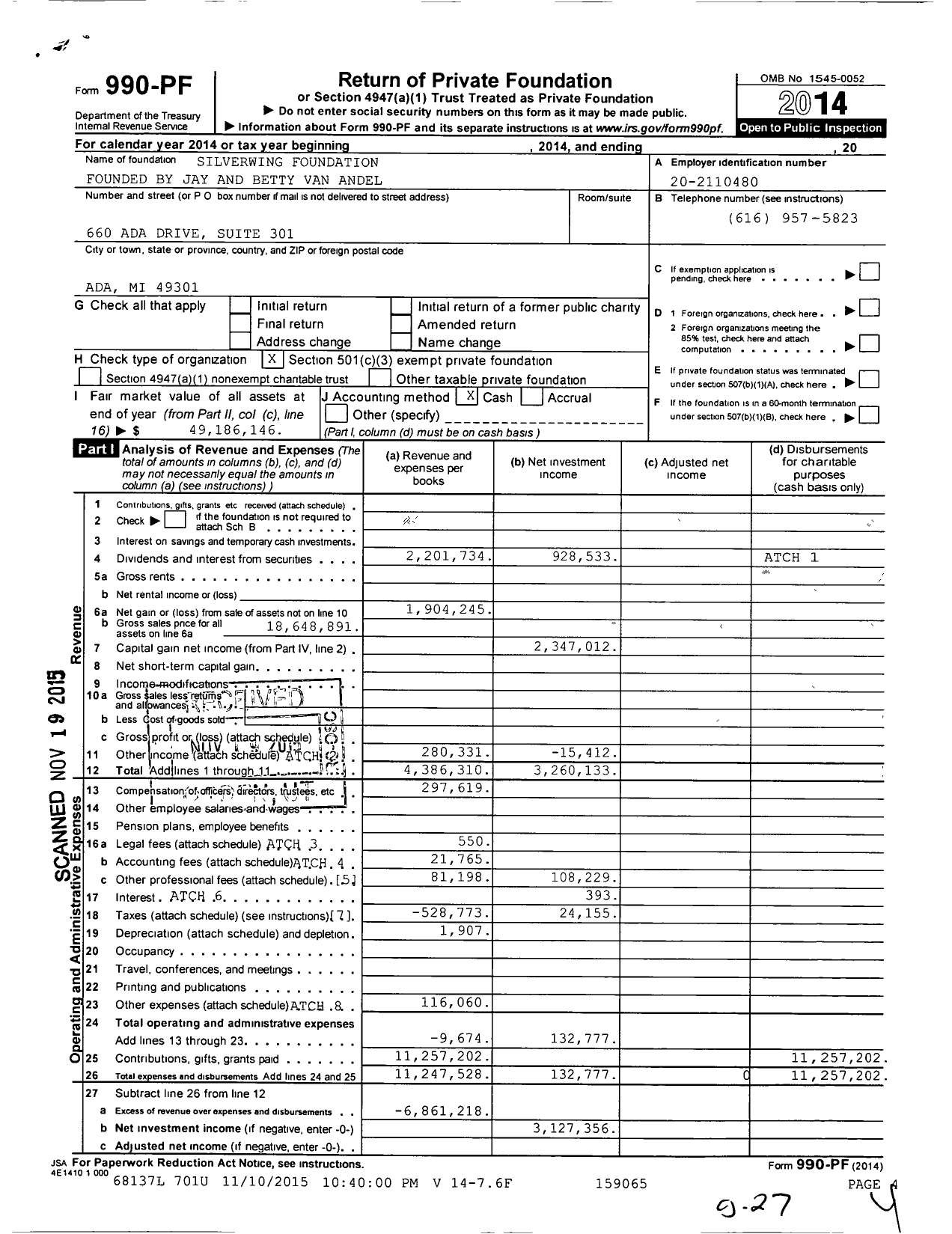 Image of first page of 2014 Form 990PF for Silverwing Foundation