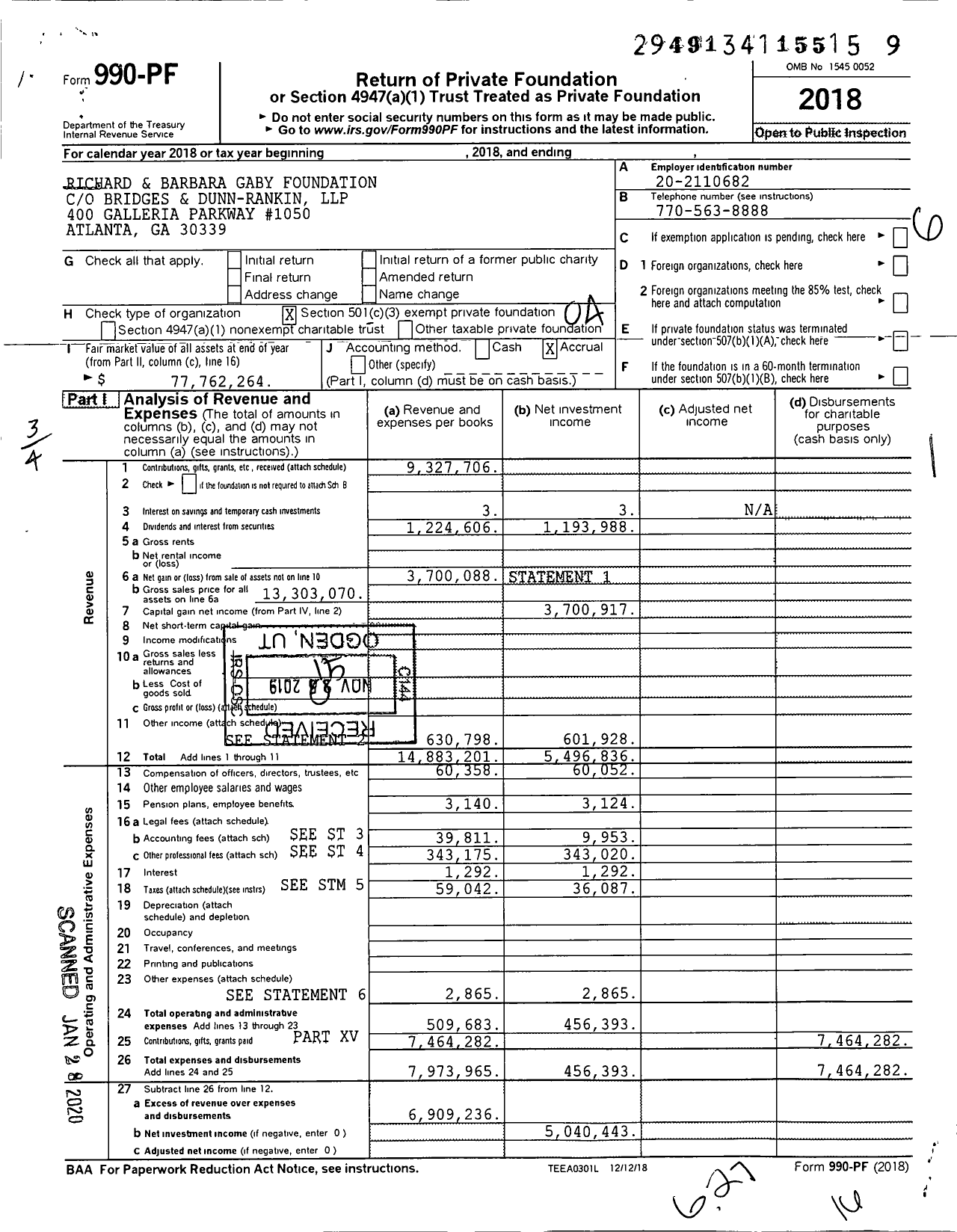 Image of first page of 2018 Form 990PF for Richard and Barbara Gaby Foundation