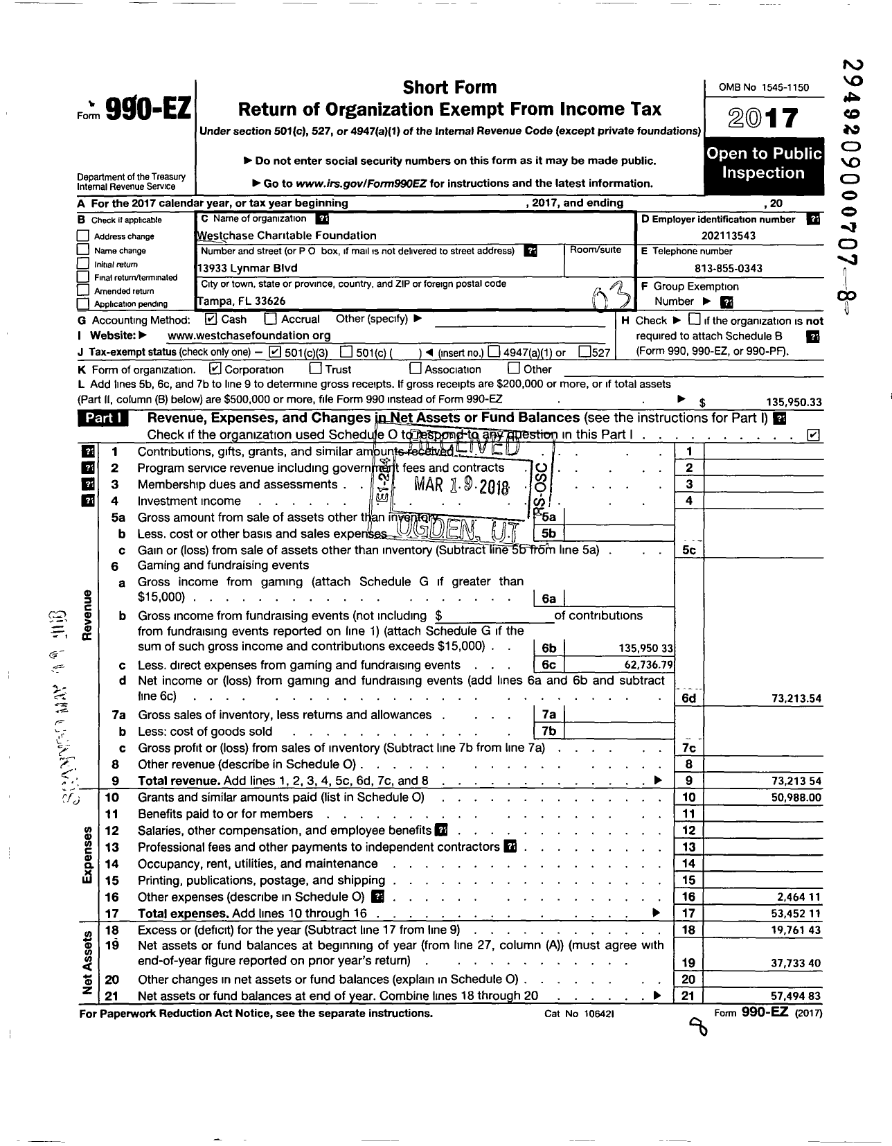 Image of first page of 2017 Form 990EZ for Westchase Charitable Foundation