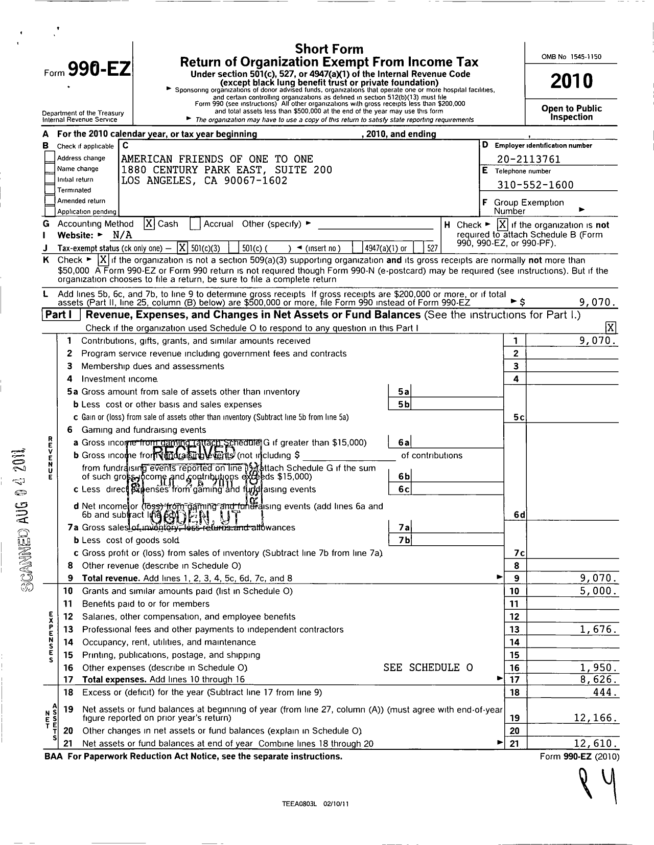 Image of first page of 2010 Form 990EZ for American Friends of One-To-One