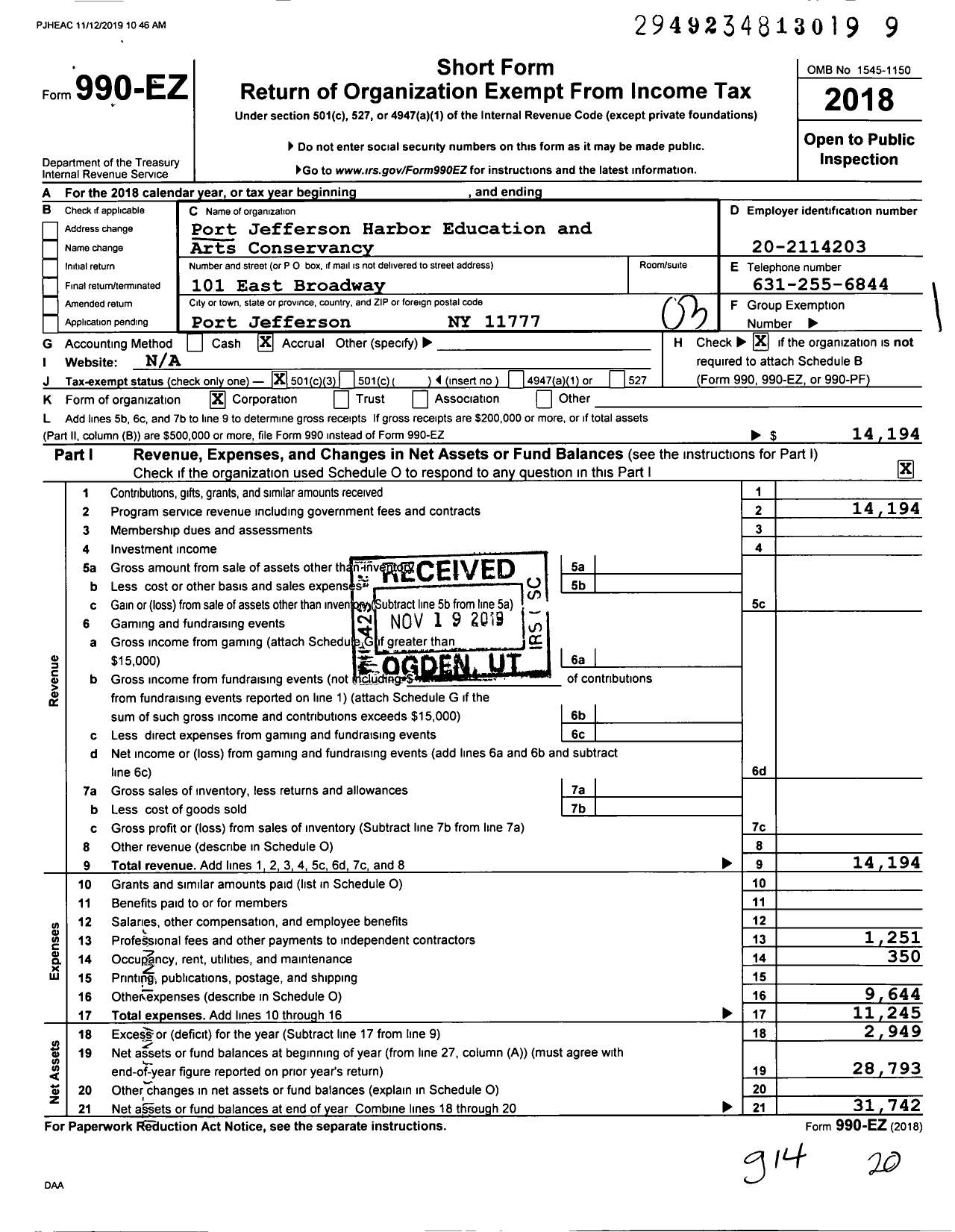 Image of first page of 2018 Form 990EZ for Port Jefferson Harbor Education and Arts Conservancy