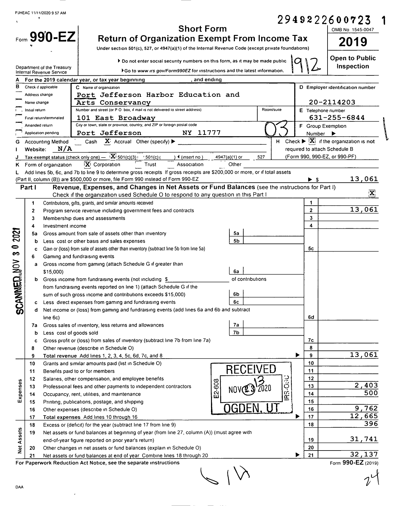 Image of first page of 2019 Form 990EZ for Port Jefferson Harbor Education and Arts Conservancy