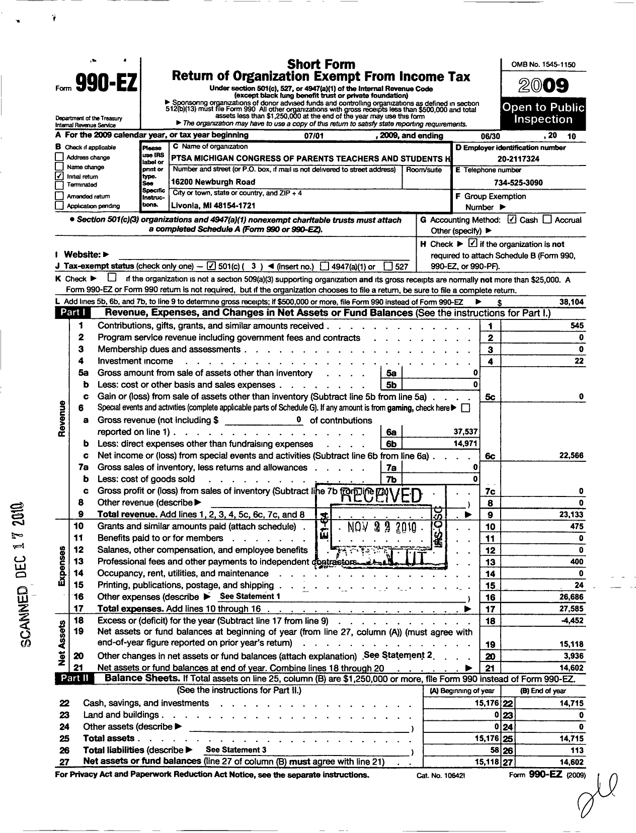 Image of first page of 2009 Form 990EZ for Ptsa Michigan Congress of Parents Teachers and Students / Holmes Middle School Ptsa