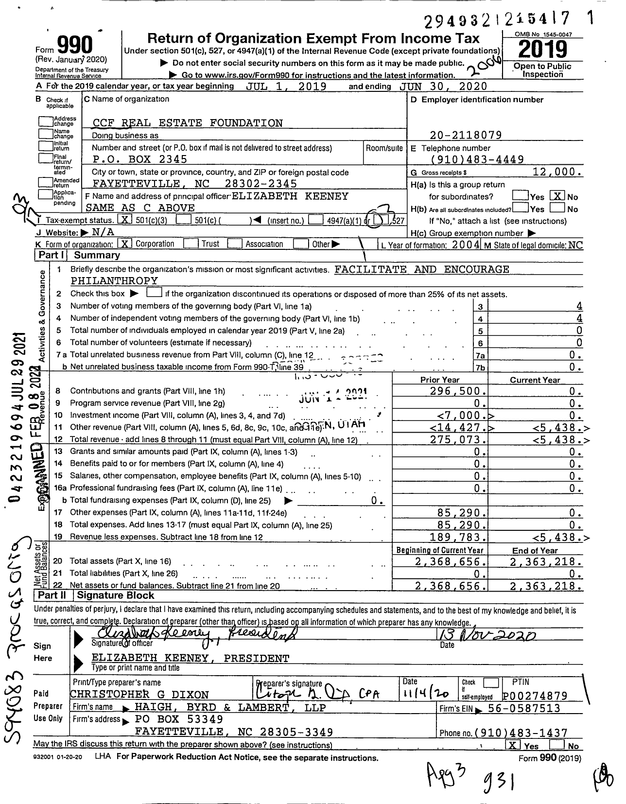 Image of first page of 2019 Form 990 for CCF Real Estate Foundation