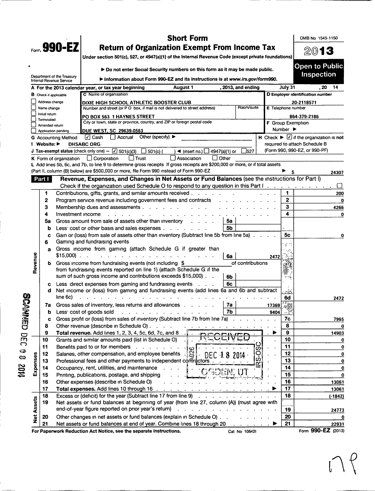 Image of first page of 2013 Form 990EZ for Dixie High School Athletic Booster Club