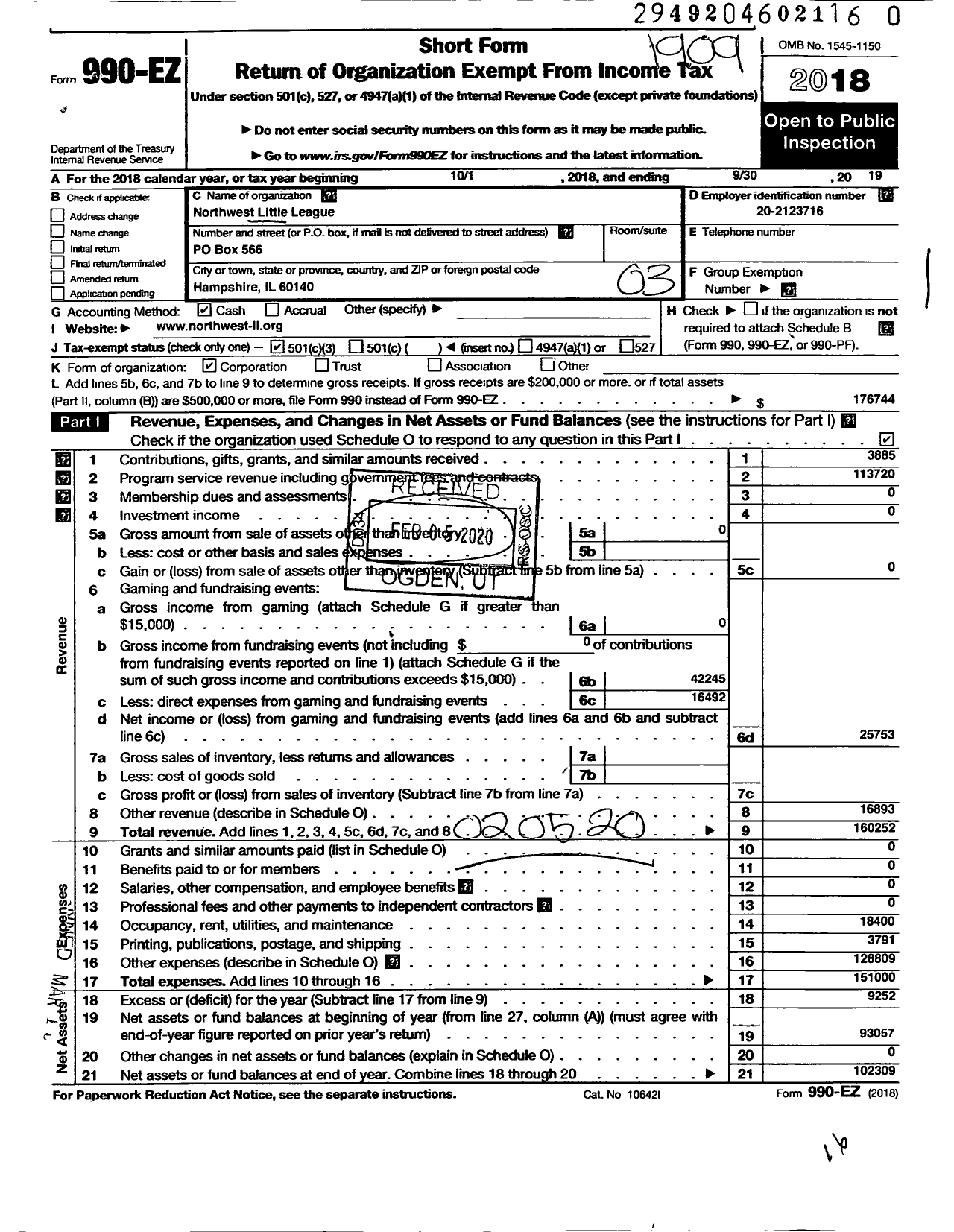 Image of first page of 2018 Form 990EZ for Little League Baseball - 168572 Northwest LL