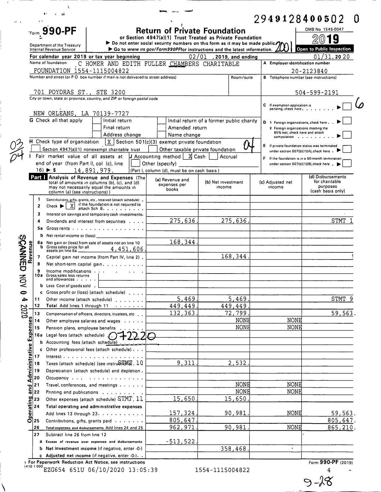 Image of first page of 2019 Form 990PF for Chambers Foundation 1554-1115004822