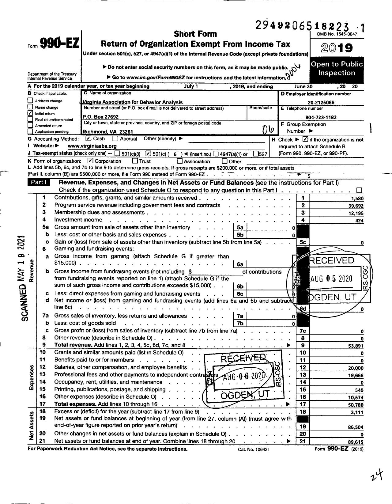 Image of first page of 2019 Form 990EO for Virginia Association for Behavor Analysis