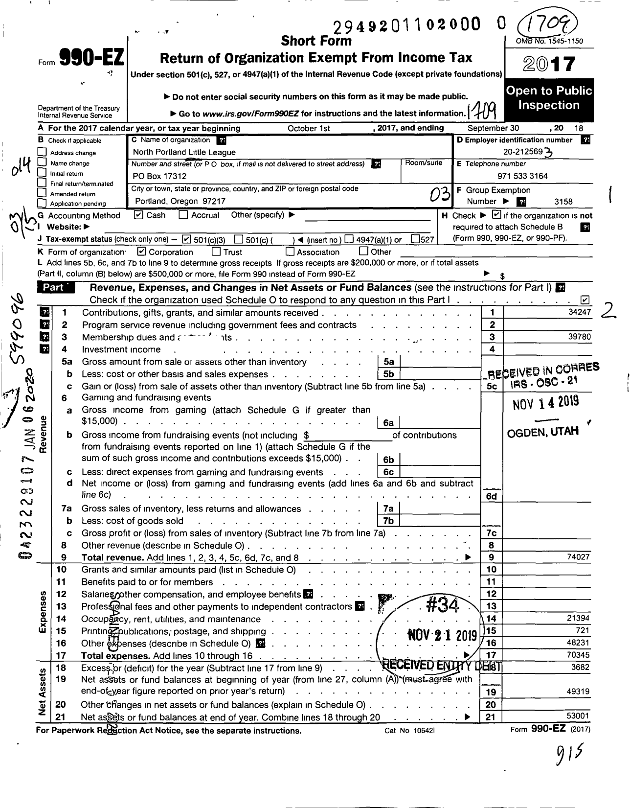 Image of first page of 2016 Form 990EZ for Little League Baseball - North Portland Little League