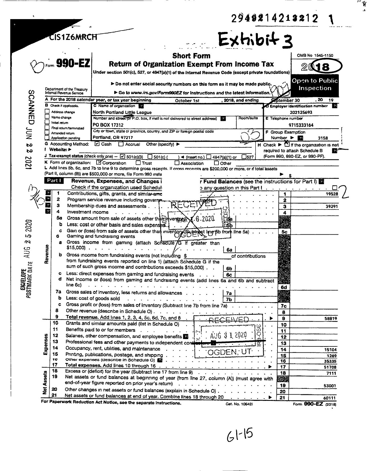 Image of first page of 2018 Form 990EZ for Little League Baseball - North Portland Little League