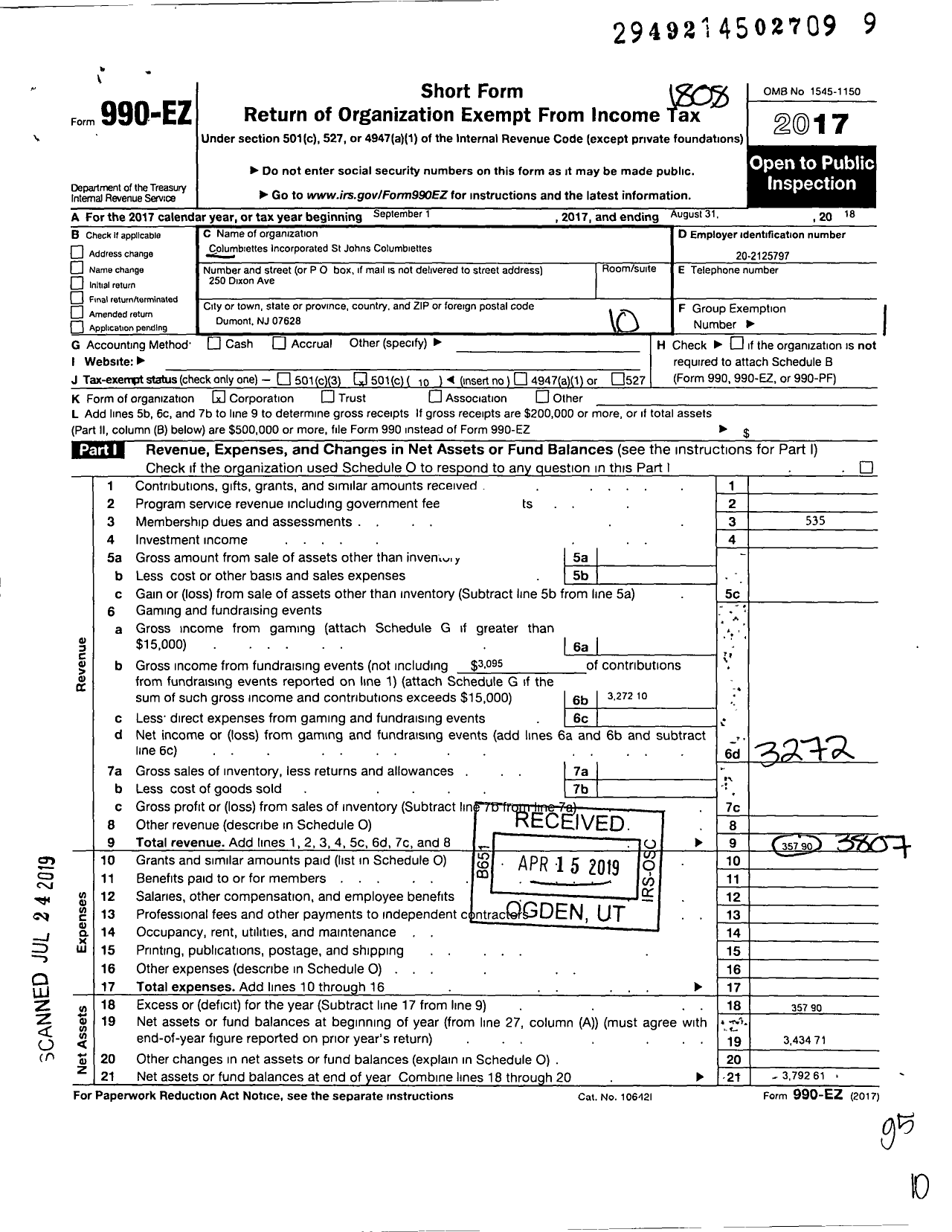 Image of first page of 2017 Form 990EO for Columbiettes Incorporated / 1345 St Johns