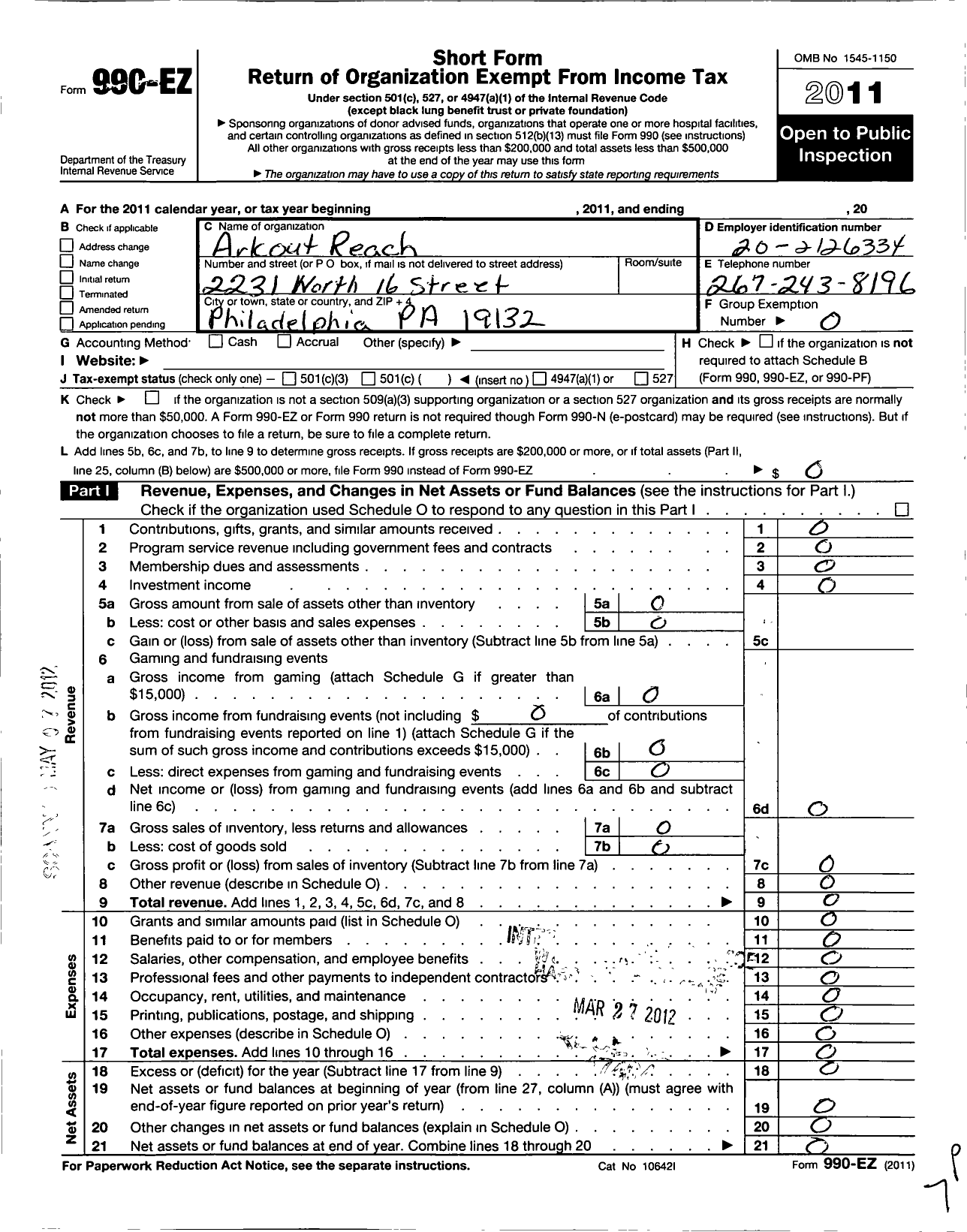 Image of first page of 2011 Form 990EO for Ark Outreach