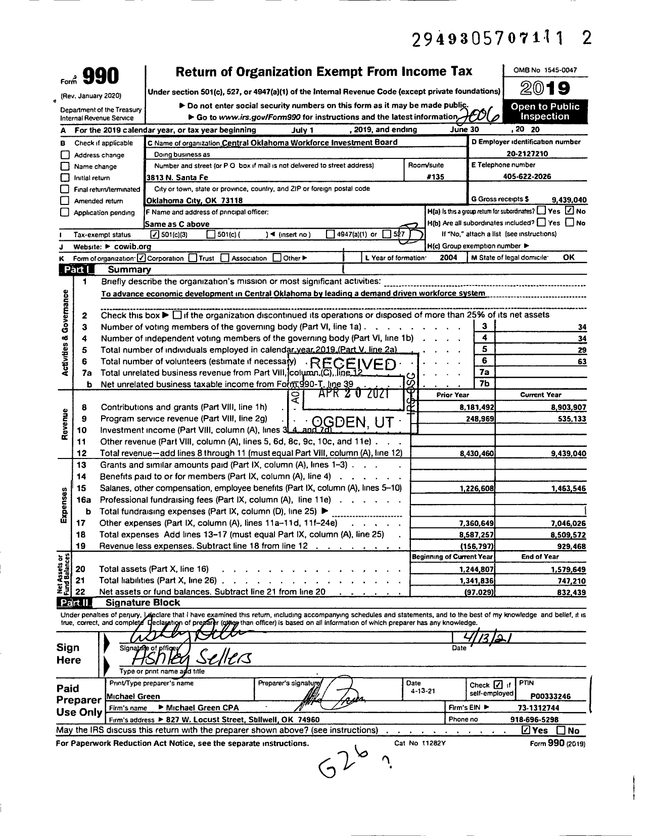 Image of first page of 2019 Form 990 for Central Oklahoma Workforce Investment Board (COWIB)
