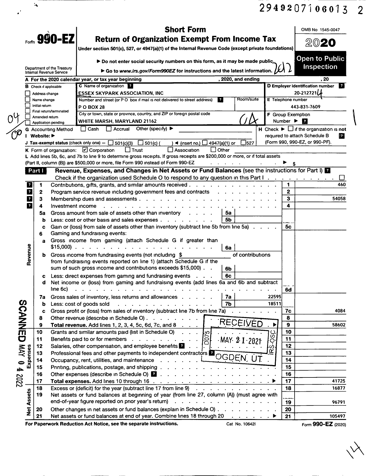 Image of first page of 2020 Form 990EO for Essex Skypark Association