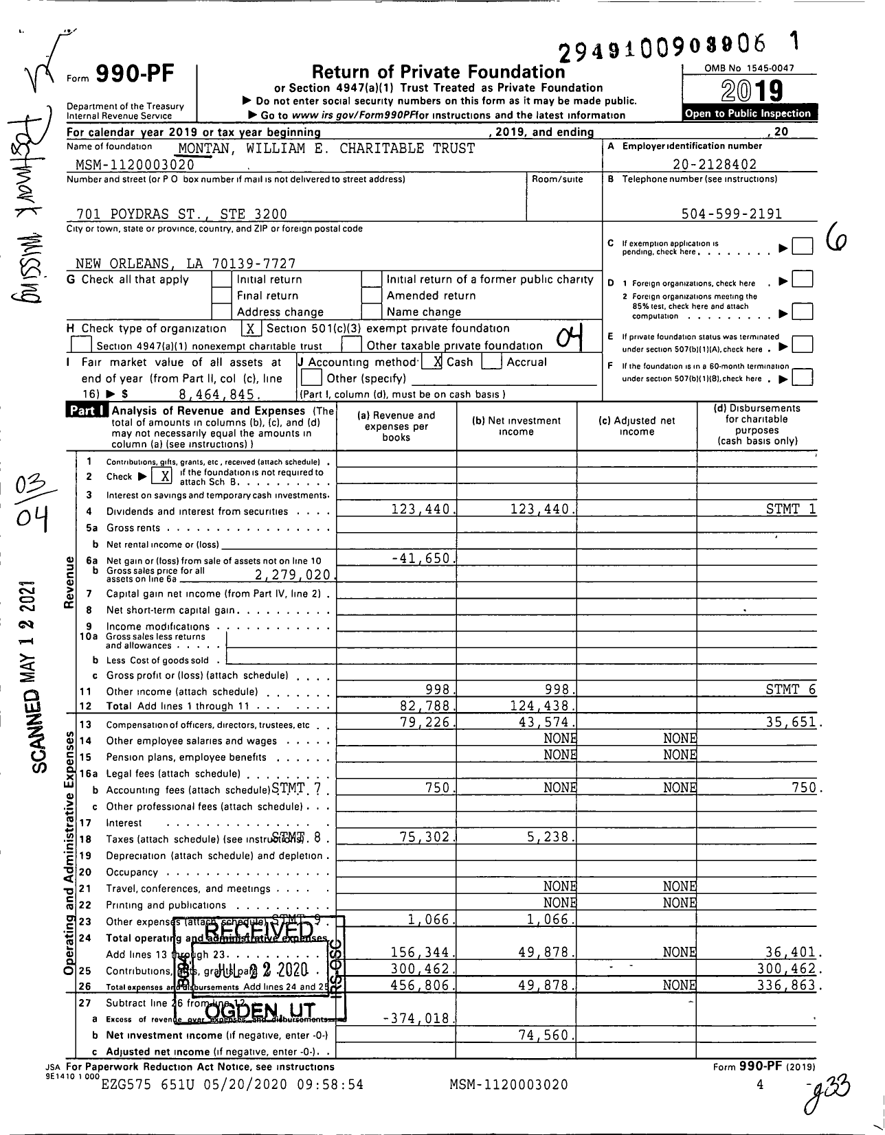 Image of first page of 2019 Form 990PF for William Edwin Montan Charitable Trust