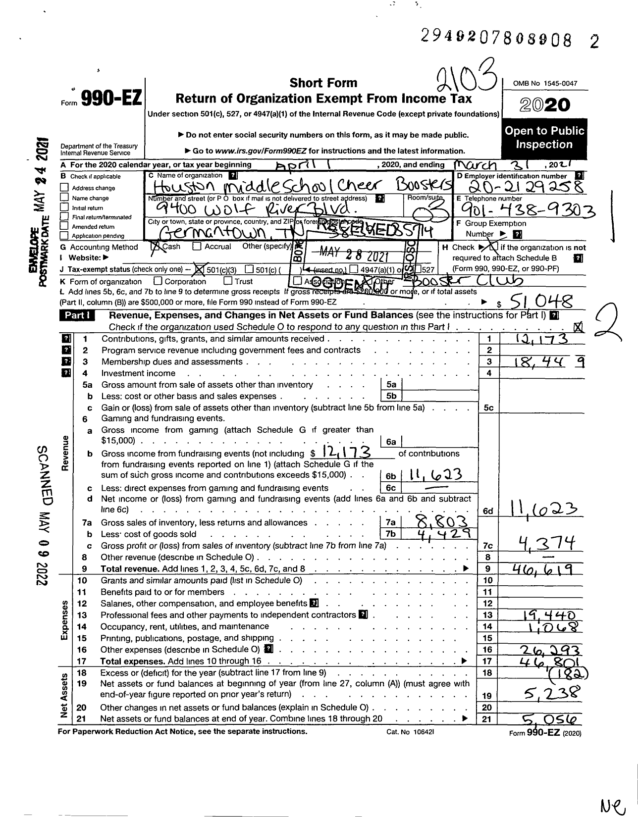 Image of first page of 2020 Form 990EZ for Houston Middle School Cheer Booster