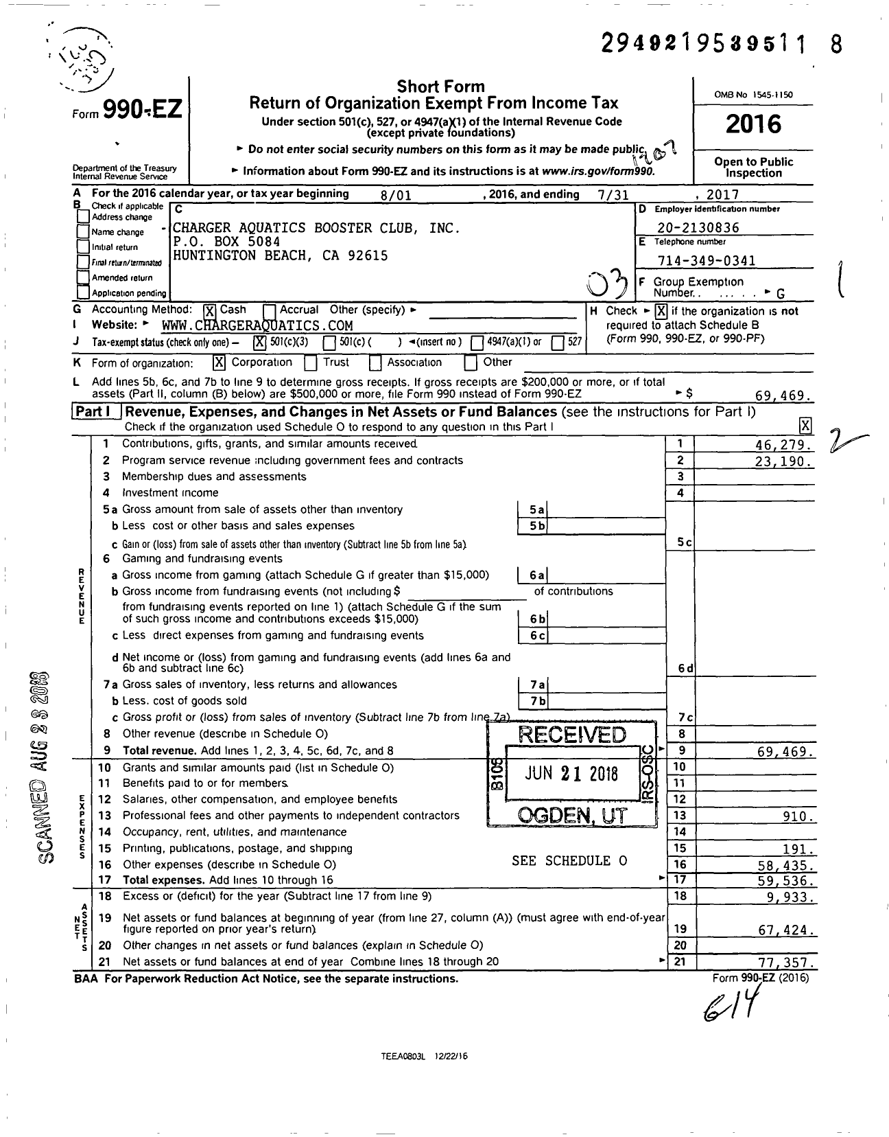 Image of first page of 2016 Form 990EZ for Charger Aquatics Booster Club