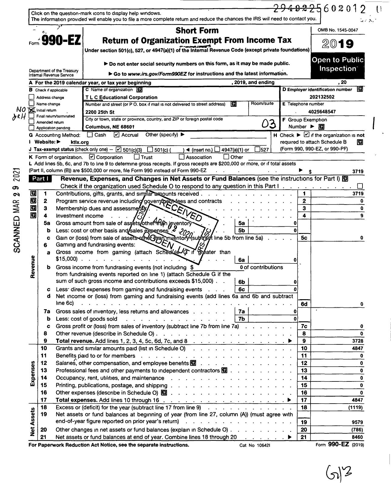 Image of first page of 2019 Form 990EZ for TLC Educational Corporation