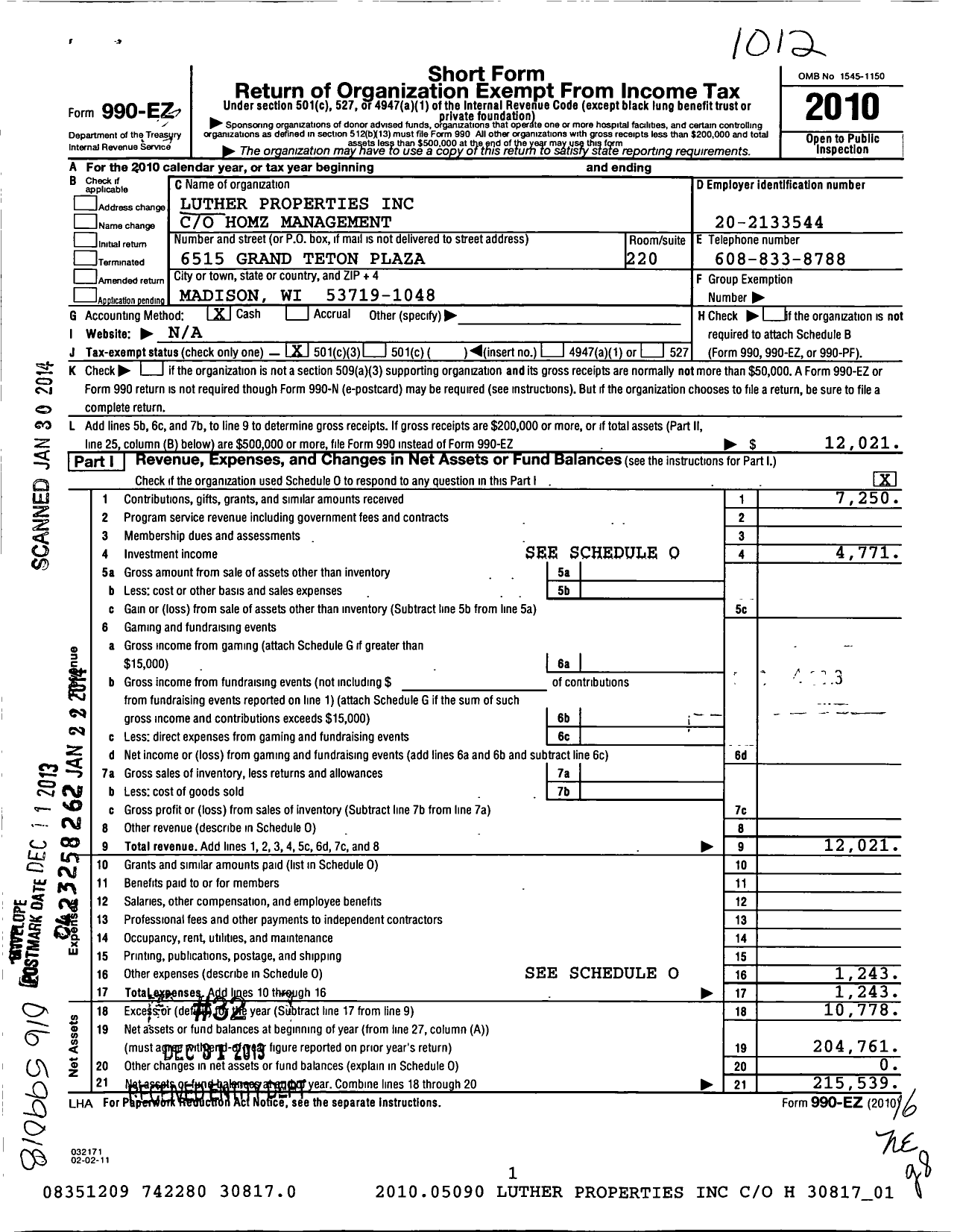 Image of first page of 2010 Form 990EZ for Luther Properties