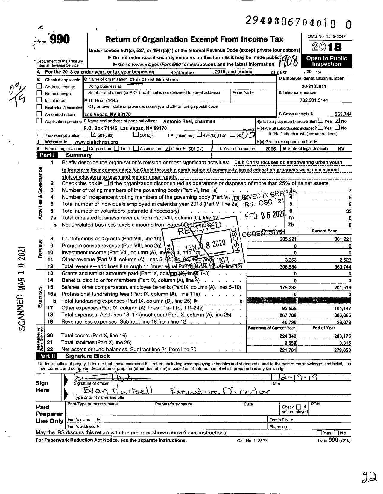 Image of first page of 2018 Form 990 for Club Christ