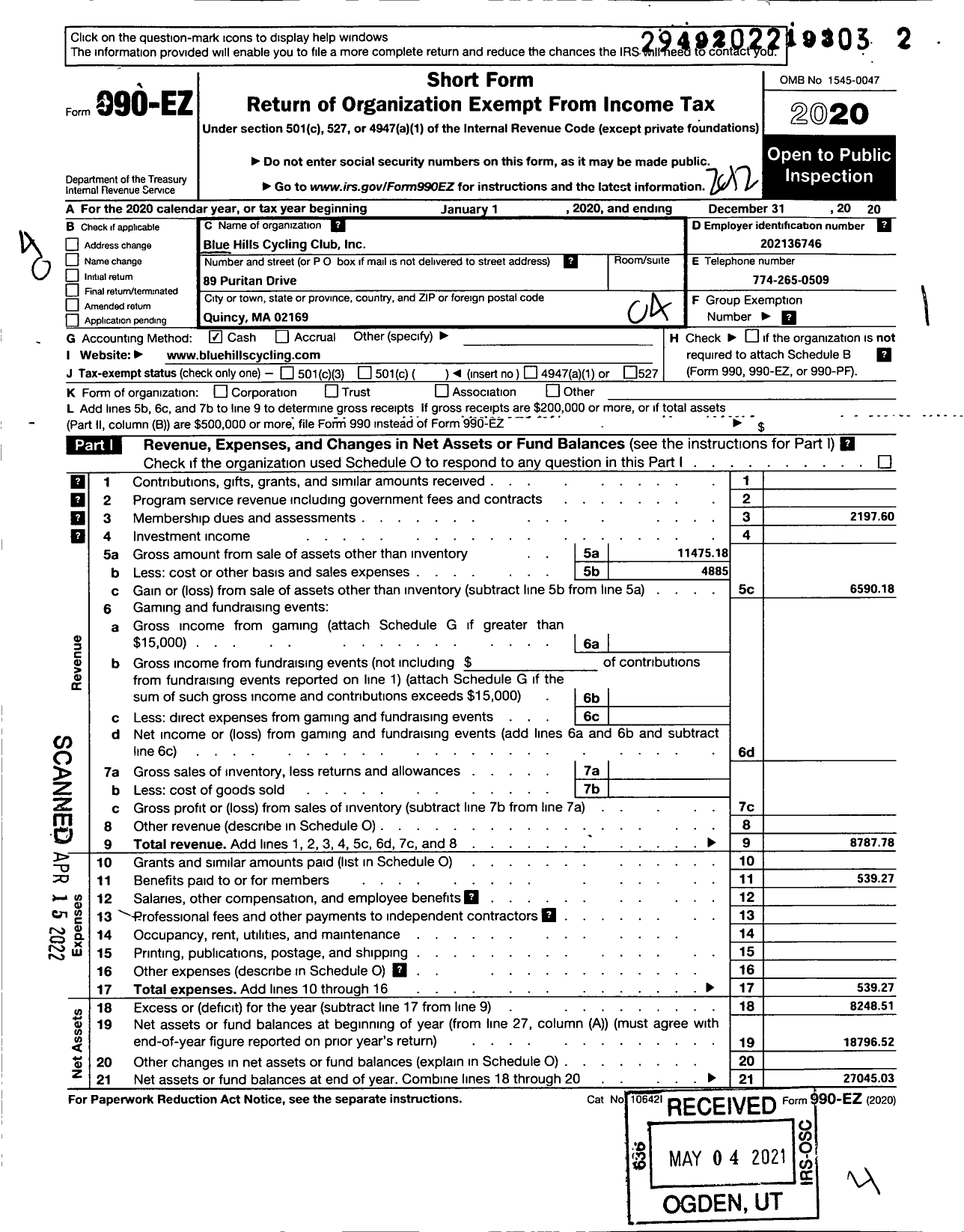 Image of first page of 2020 Form 990EO for Blue Hills Cycling