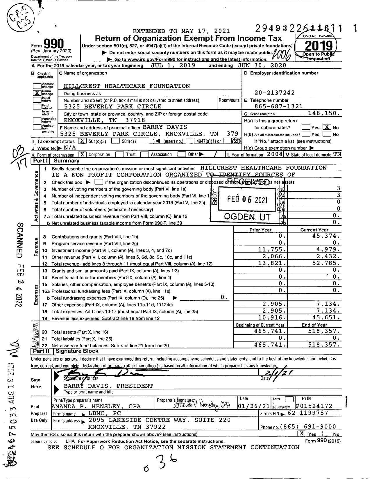 Image of first page of 2019 Form 990 for Hillcrest Healthcare Foundation