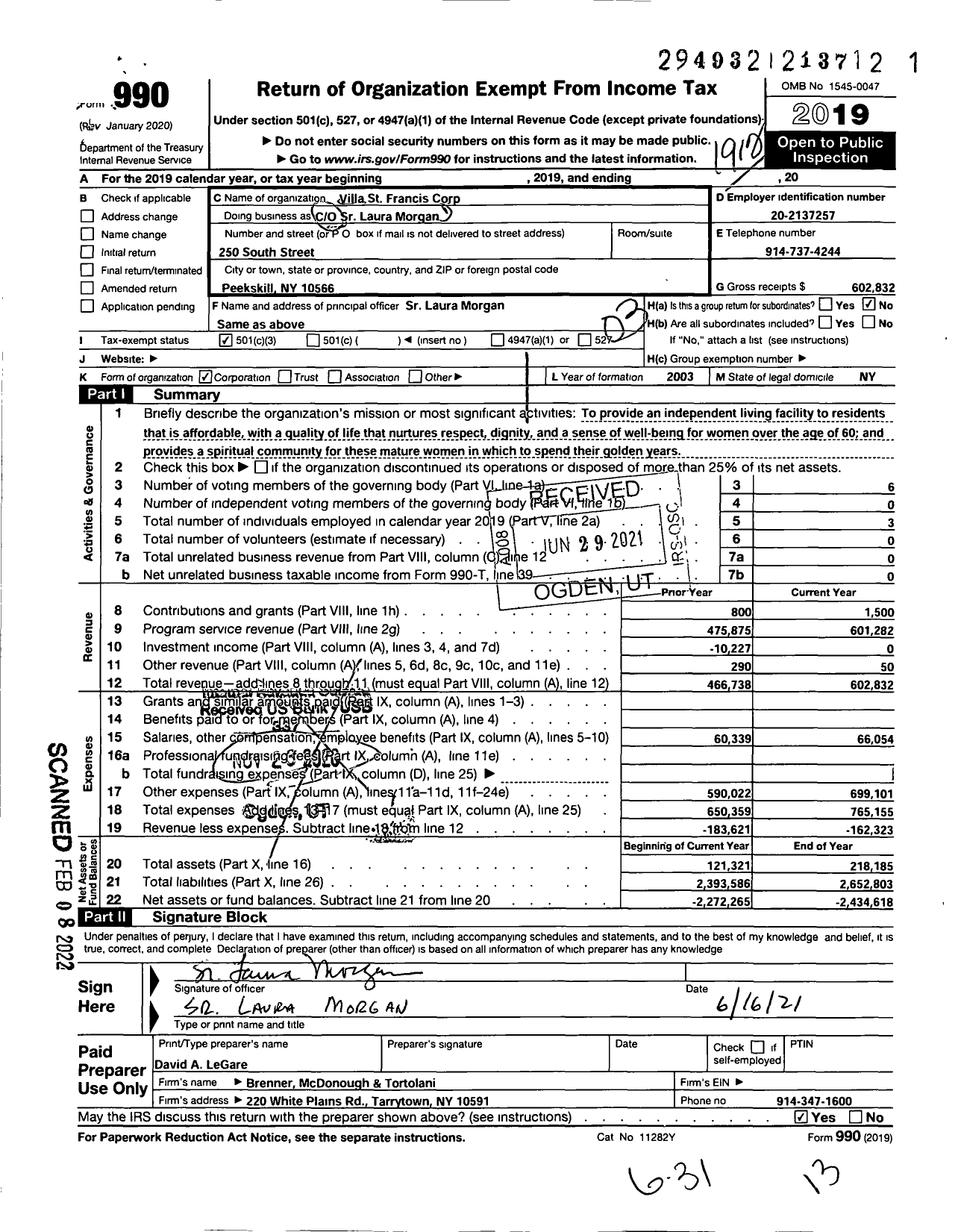 Image of first page of 2019 Form 990 for Villa St Francis Corporation