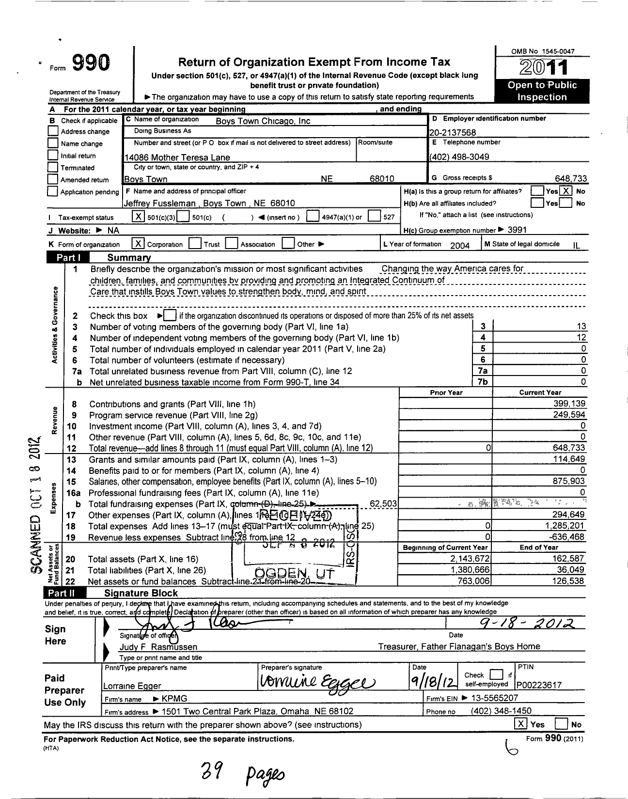 Image of first page of 2011 Form 990 for Boys Town Chicago