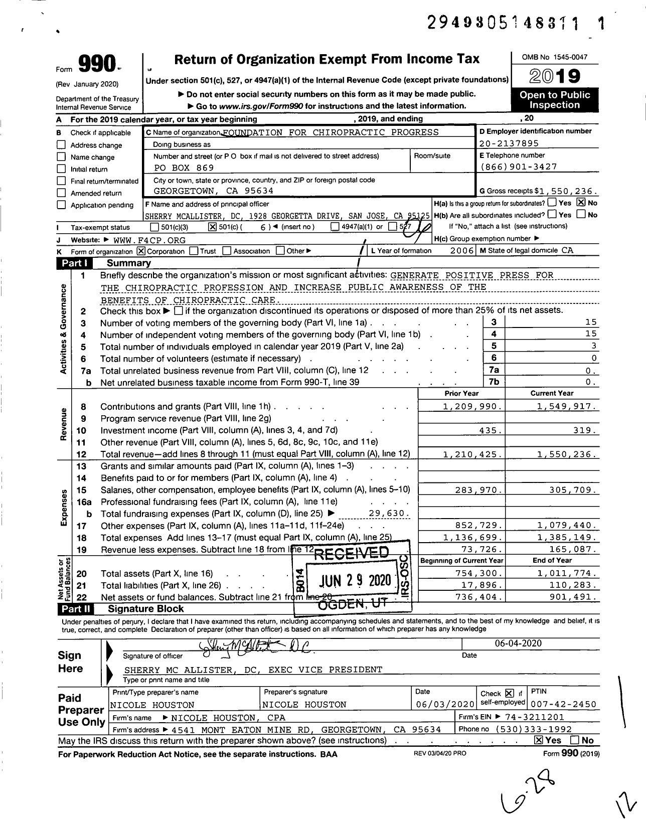 Image of first page of 2019 Form 990O for Foundation for Chiropractic Progress