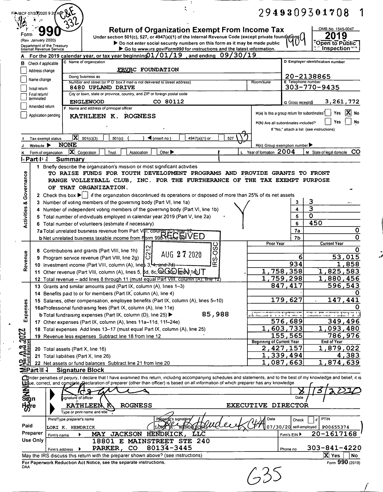 Image of first page of 2018 Form 990 for FRVBC Foundation