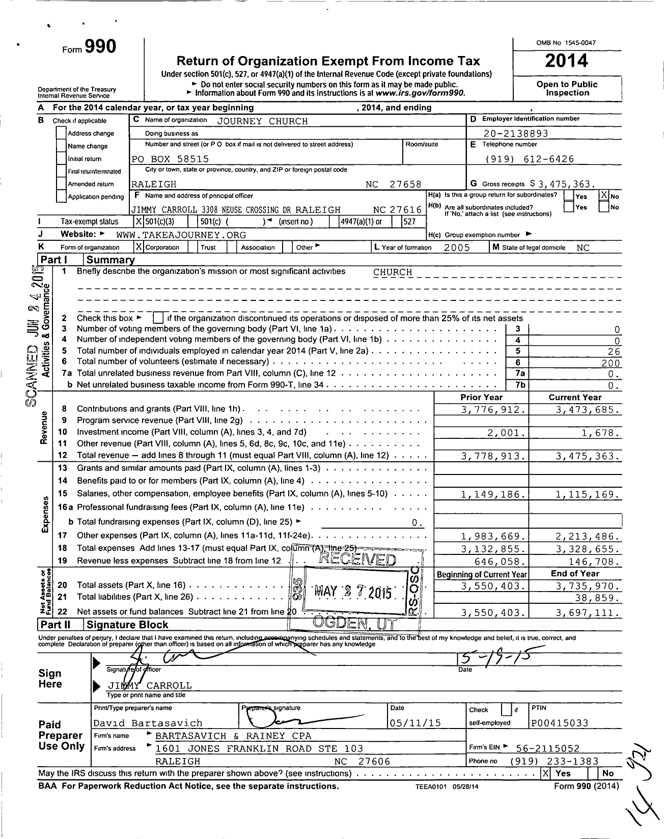 Image of first page of 2014 Form 990 for Journey Church