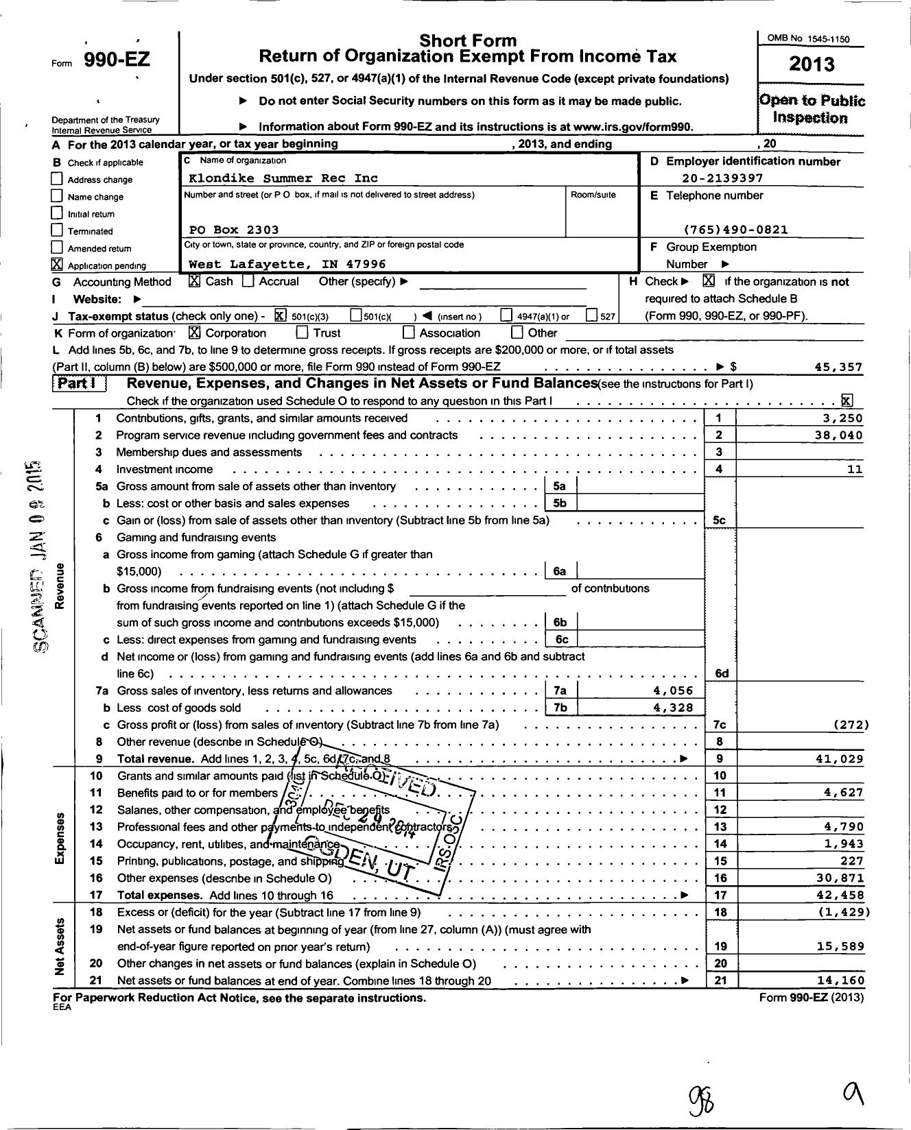 Image of first page of 2013 Form 990EZ for Klondike Summer Rec