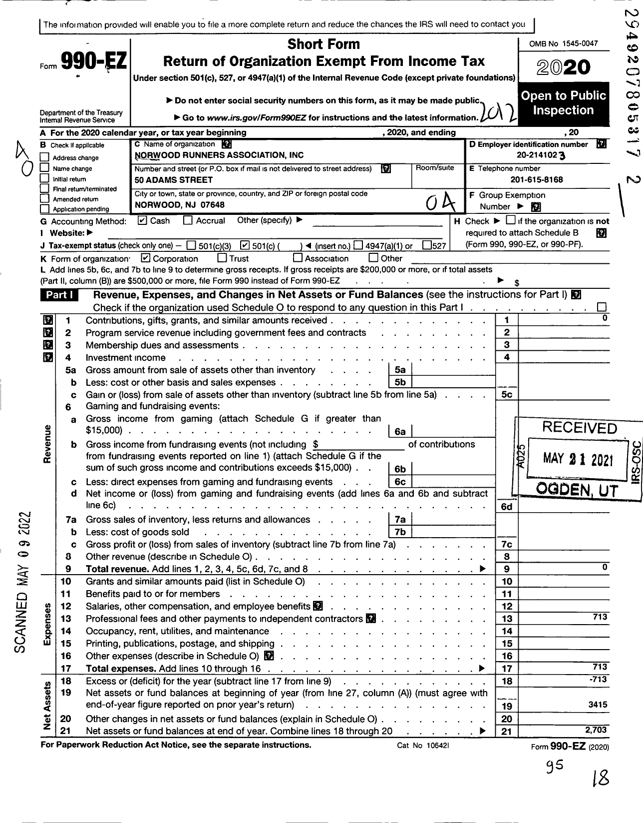 Image of first page of 2020 Form 990EO for Norwood Runners Association