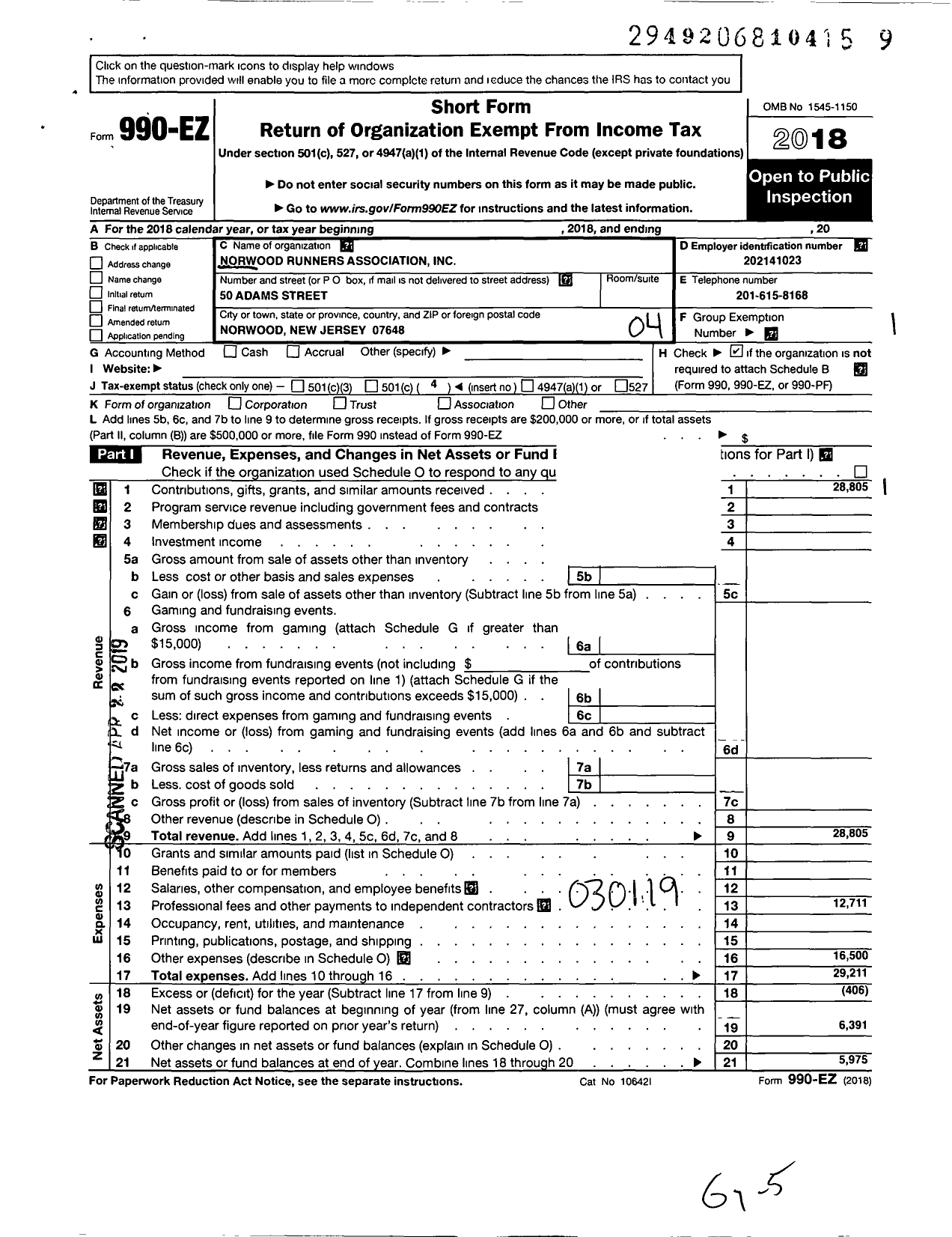 Image of first page of 2018 Form 990EO for Norwood Runners Association