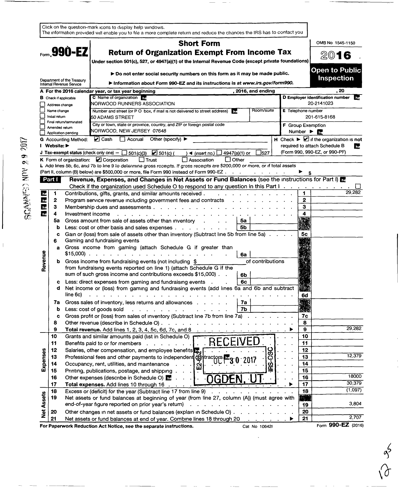 Image of first page of 2016 Form 990EO for Norwood Runners Association