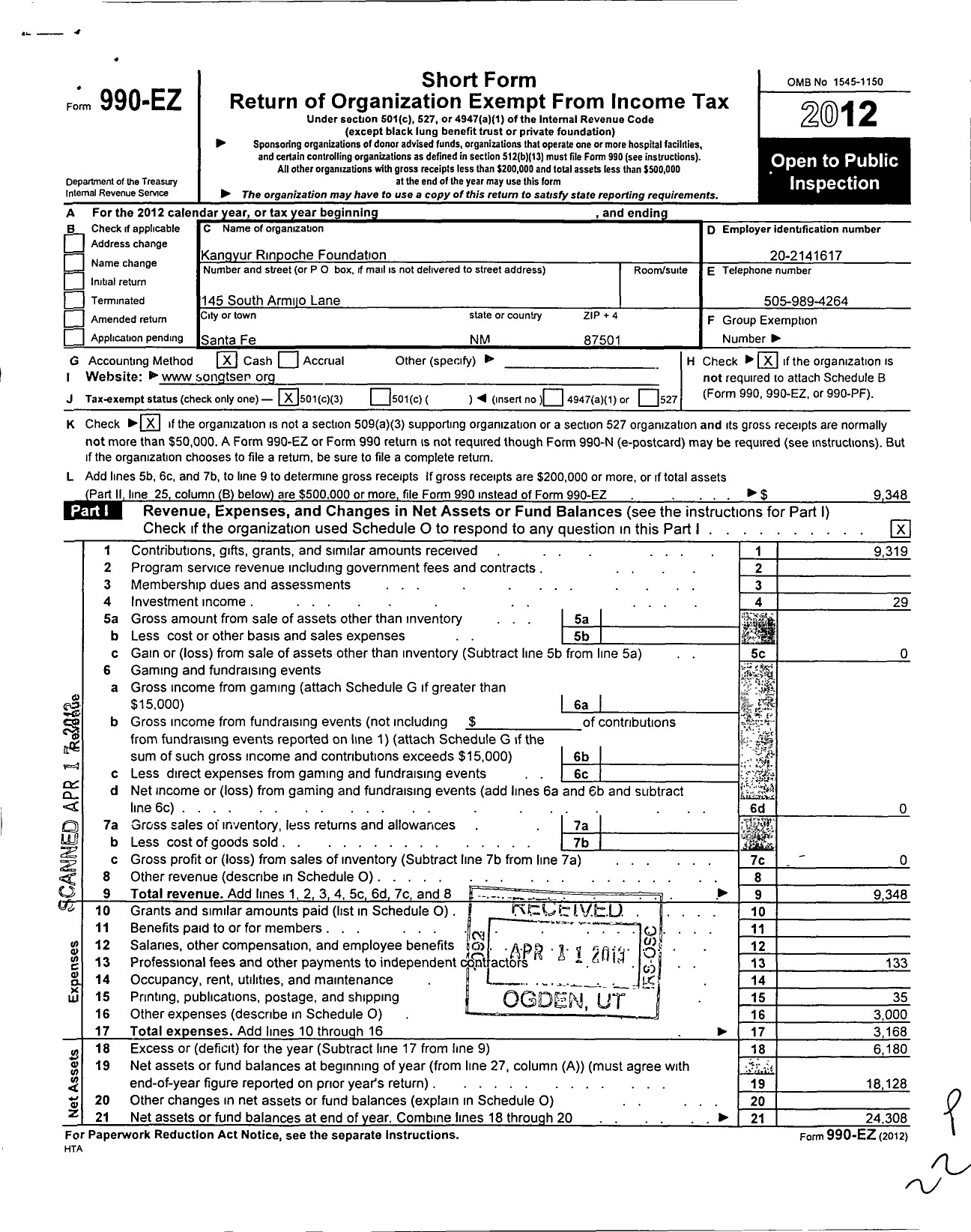 Image of first page of 2012 Form 990EZ for Kangyur Rinpoche Foundation